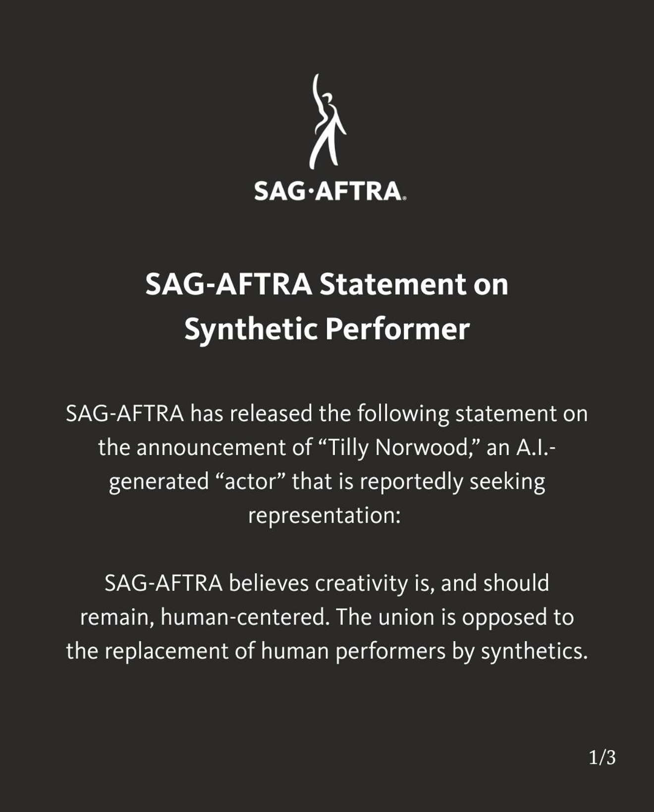 SAG-AFTRA says it clearly: Tilly Norwood is not an actor.
This month’s headlines about an AI-generated ‘performer’ shine a light on something deeper—the need to protect the craft, the labor, and the humanity of performance.
At The Focused Actor, we believe your presence, your breath, your vulnerability is irreplaceable. Machines can mimic, but they can’t live. And living is the source of truth on screen and stage.
Stay focused. Stay human. Your story is the one worth telling.
#TheFocusedActor #StayHuman #ActorLife #SAGAFTRA #AIFuture #ProtectTheCraft #ActorsOfInstagram #FocusOnPresence #ActingTruth #creativecommunity