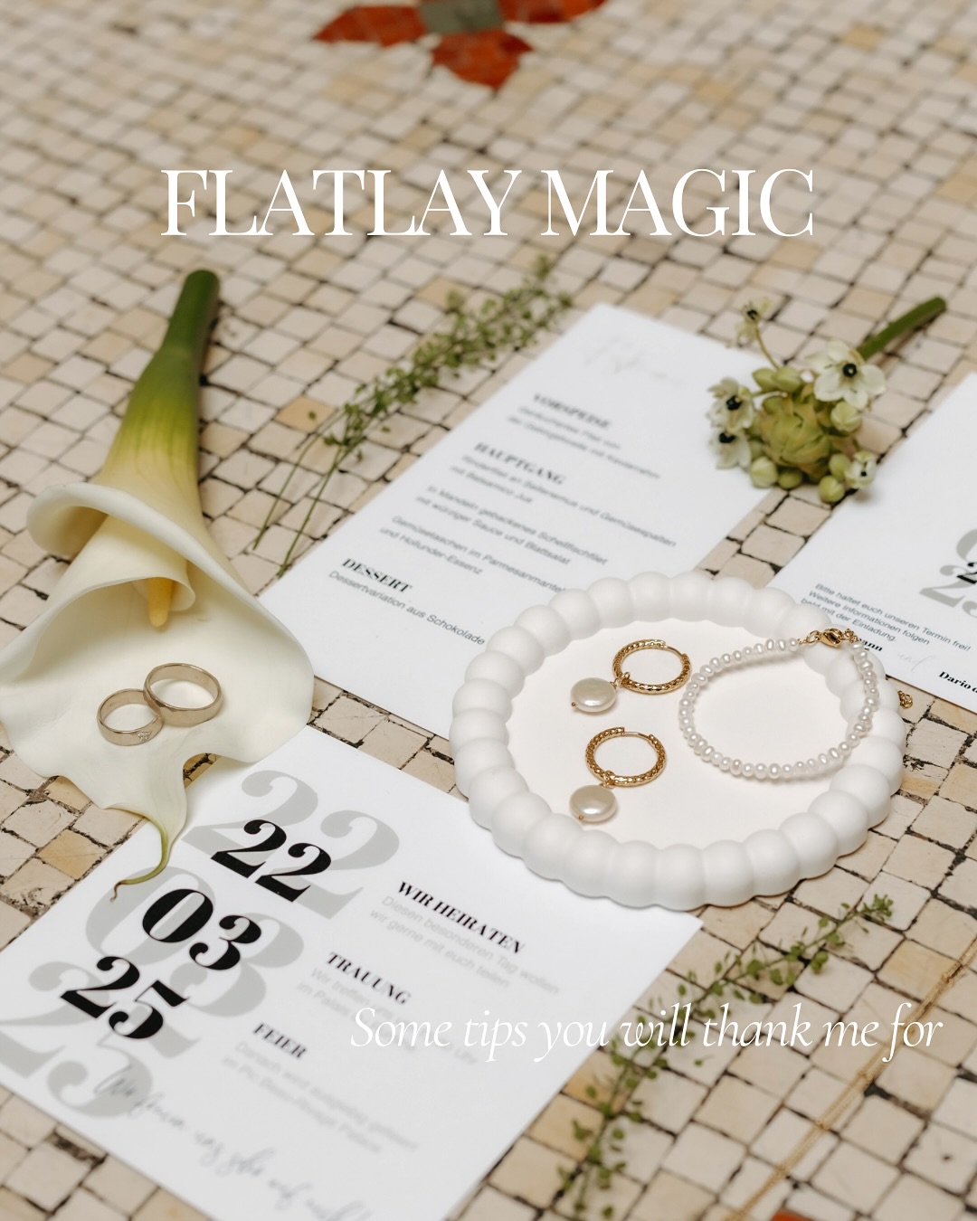 Flatlays are a beautiful way to tell the story of your wedding day through the details. Here are my favorite tips as a wedding photographer.
• Print your vows nicely → A beautiful print looks timeless and much better than reading from a phone.
• Ask your florist for extra blooms → A few stems or petals elevate your flatlay photos instantly.
• Rings & ring box → Both rings together in a gorgeous box make for a perfect shot.
• Perfume → Your scent is part of the memory. A stunning bottle — especially a personalized one — looks amazing in photos.
• Invitation suite → Save one for your photographer so your stationery is part of your story.
• Personalized invitations → Think of incorporating a sketch or design that resembles your venue or one of your wedding backdrops. It makes the details so much more meaningful.
• Jewelry & accessories → Earrings, cufflinks, hairpieces, or watches — don’t leave them out.
• Sentimental details → Add a locket, handkerchief, or heirloom for emotional depth.
• Shoes & veil → They deserve their moment in the spotlight too.
• Stay organized → Collect everything in a box or pouch before the wedding so your photographer can start right away.
Save or share this post to remember this for your wedding day!
#flatlay #flatlayphotography #flatlaylove