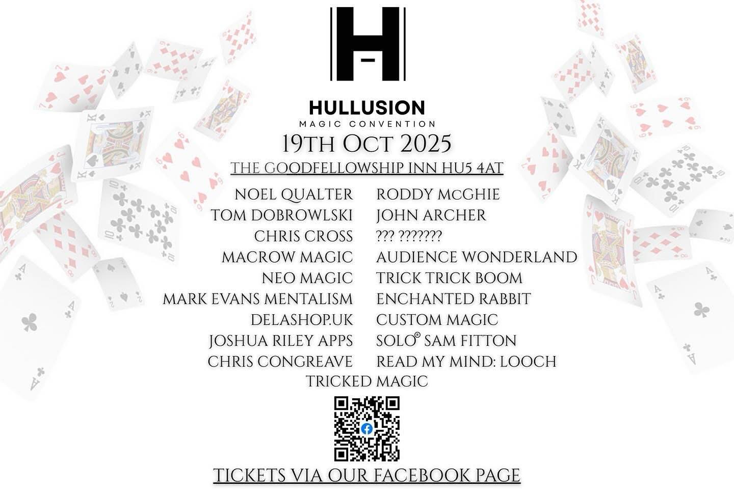 On Sunday 19th October the first ever magic convention in Hull will be taking place.
Hullusion is the brainchild of @karl_hemmingway_magic and he asked @russappleby and myself to help organise it with him and of course we jumped at the chance and we are extremely proud of the lineup we have for you.
If you or someone you know is interested in learning magic or expanding their magic skills and meeting likeminded people then this convention is for them.
Tickets are just £25.00!
We have dealers and Lecturers from all over the UK and also from the USA.
Hullsion page is only on Facebook so please do search it out and give us a cheeky follow.
Thanks so much for supporting us and we hope to see you there.
♣️♥️♠️♦️