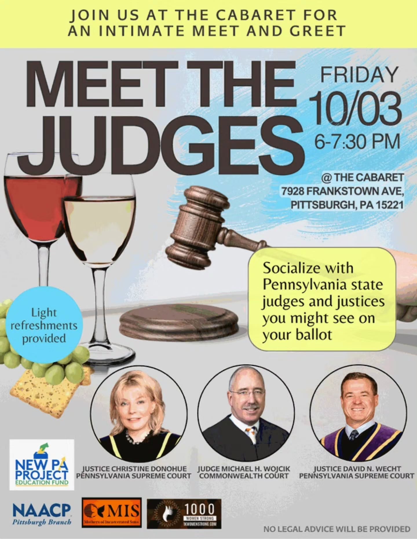 Join us with @nppef for an intimate evening at The Cabaret to Meet the Judges!
Friday, October 3rd | 6:00–7:30 PM
The Cabaret – 7928 Frankstown Ave, Pittsburgh, PA 15221
This is a special opportunity to socialize with Pennsylvania state judges and justices, including those who may appear on your ballot.
You’ll have the chance to connect with:
⚖️ Justice Christine Donohue, Pennsylvania Supreme Court
⚖️ Judge Michael H. Wojcik, Commonwealth Court
⚖️ Justice David N. Wecht, Pennsylvania Supreme Court
Why is this event important?
Too often, judicial elections fly under the radar yet judges make decisions that shape our daily lives, from voting rights to community justice. This meet-and-greet gives you the chance to hear directly from the people behind the bench, ask questions and build an understanding of how their roles impact us all.
Light refreshments will be provided.
No legal advice will be given at this event.
Let’s take this step together toward an informed vote and stronger civic engagement. Don’t miss it!
#1KWS #MeetTheJudges #Pittsburgh #CivicEngagement