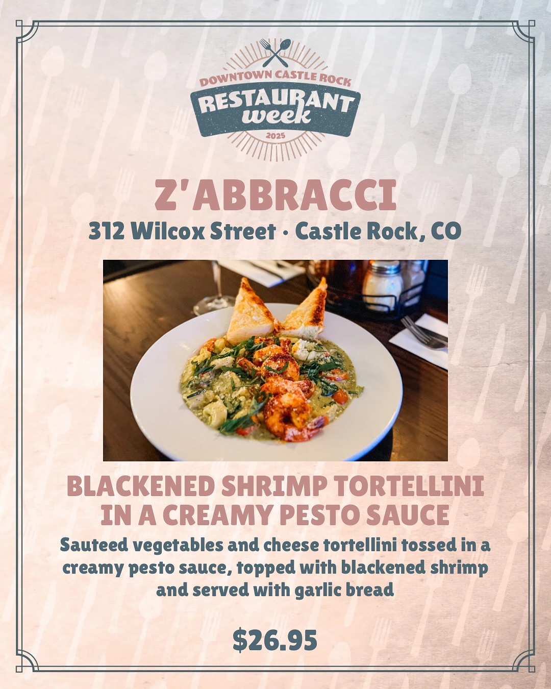 Your first look at RESTAURANT WEEK features 👀
🦐 Z’Abbracci - Blackened Shrimp Tortellini with Blackened Shrimp Tortellini in a Creamy Pesto Sauce
🐓 Wide Awake Eatery - Half Roasted Garlic and Herb Chicken Half Roasted Garlic and Herb Chicken
🥯 BAGL - The Summit Stack
🍯 Castle Cafe - Nashville Hot Honey Chicken Sandwich
🍔 The Office Co. Bar - VP Burger
🦀 Bien Y Tu - Baja Crab Cake
Please stay tuned as we continue to share these delicious restaurant week specials, available ONLY October 5-11 in Downtown Castle Rock ☀️
🚗 A hefty thanks to our Restaurant Week sponsor, Castle Rock Autoplex!
🚙 @castlerockchevygmc @castlerockford @castlerockcdjr
#restaurantweek #downtowncastlerock #crco #castlerockco #castlerockfood #coloradofoodie #denverfoodies #coloradospringsfoodie #castlerockrestaurants
