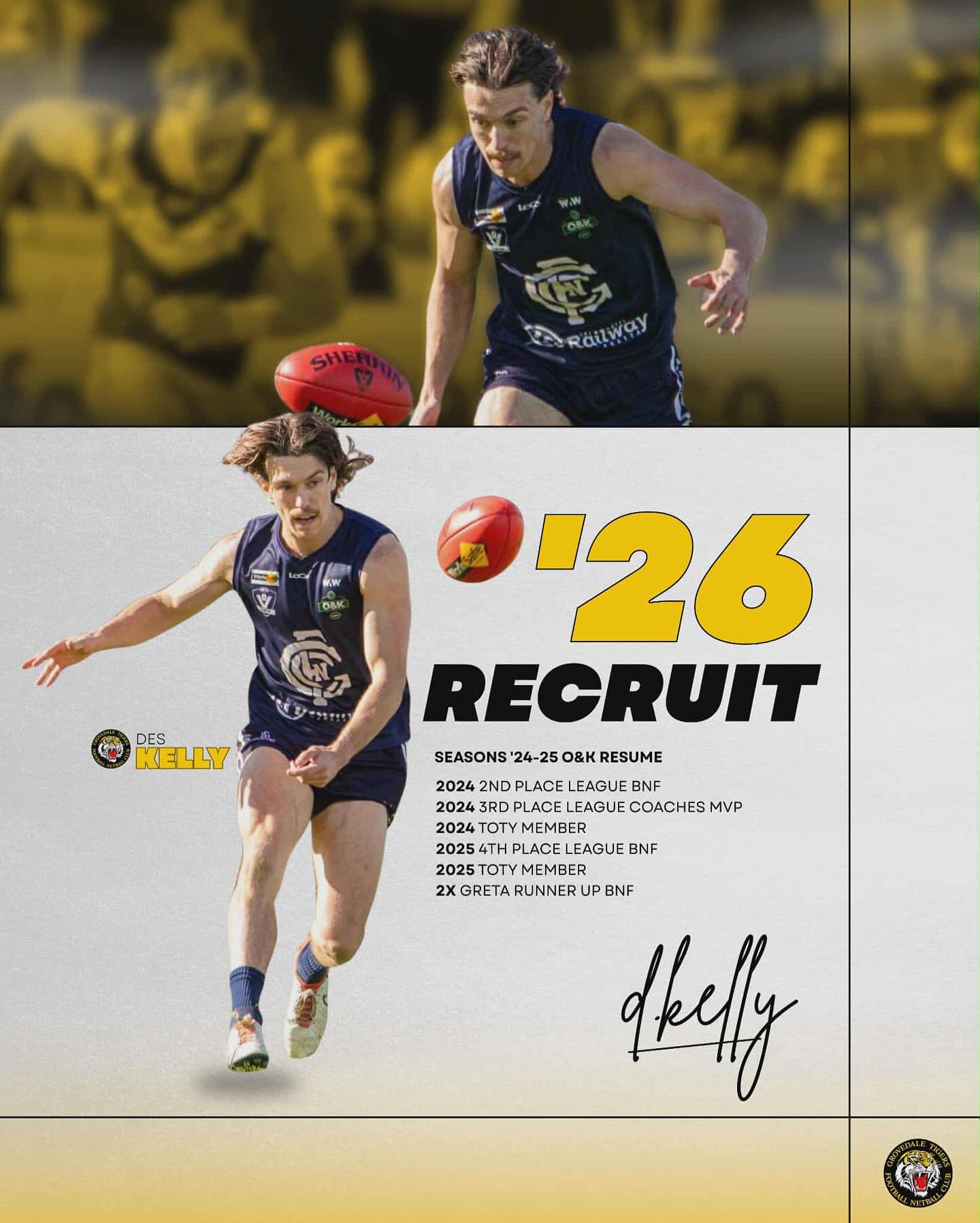 A favourite son returns! Former Grovedale junior Jack “Des” Kelly returns after a successful stint in the Ovens & King League. Welcome back Des 💪 💛🖤 #GrovedaleTigers #GoTigers