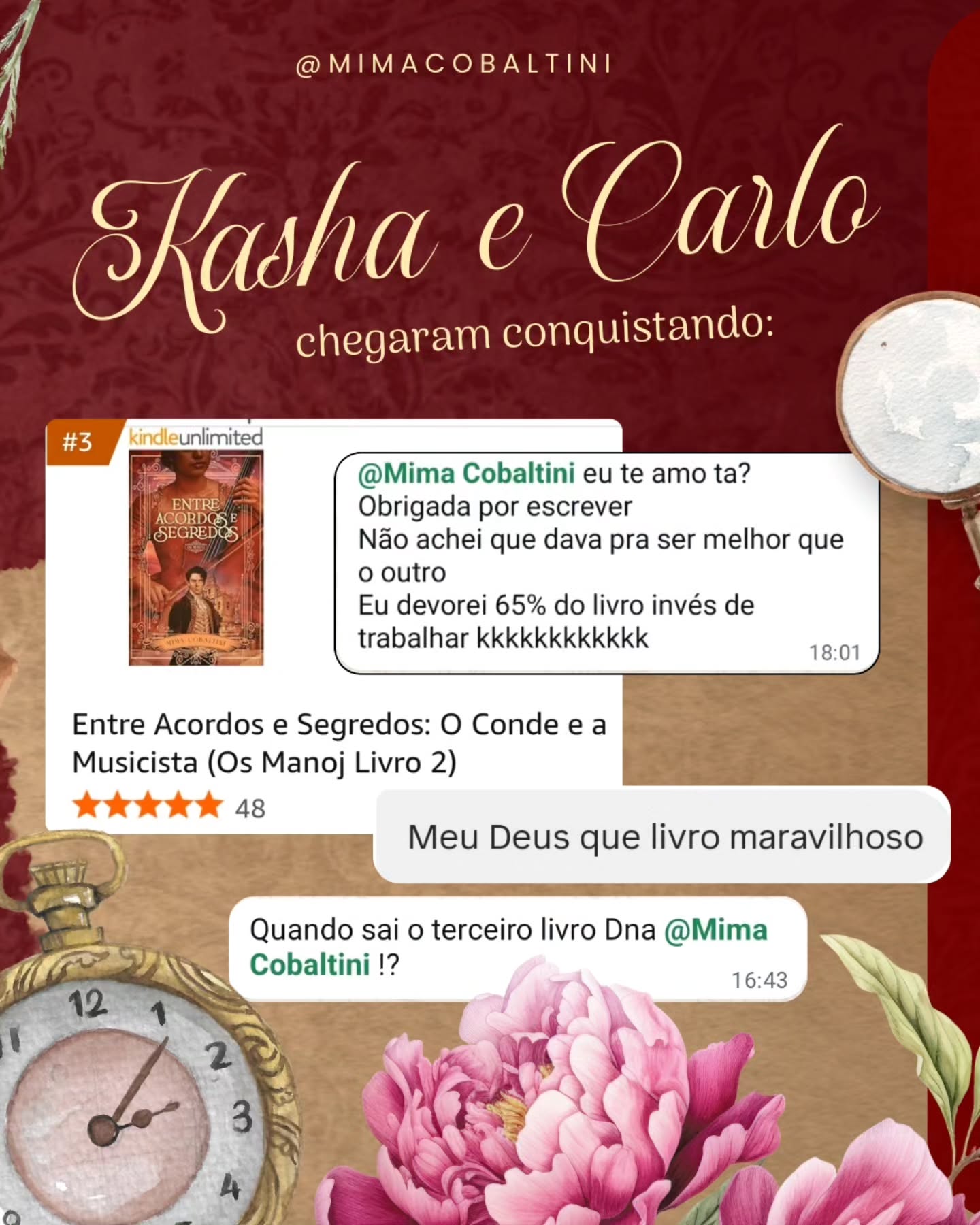 Nosso casal mal-humorado chegou arrebatando o coração de vocês e eu não podia estar mais feliz! 😍❤️
Chegamos no top 3 da categoria com apenas dois dias de lançamento e as mensagens que recebi me fizeram chorar de alegria. Às vezes eu nem acredito que esse é só o meu segundo livro publicado. É surreal! 🥹✨
As famílias Manoj, Olivieri e eu agradecemos tanto carinho, Mimosas, vocês são incríveis! É para ver os seus sorrisos e suspiros que eu escrevo! 🥰