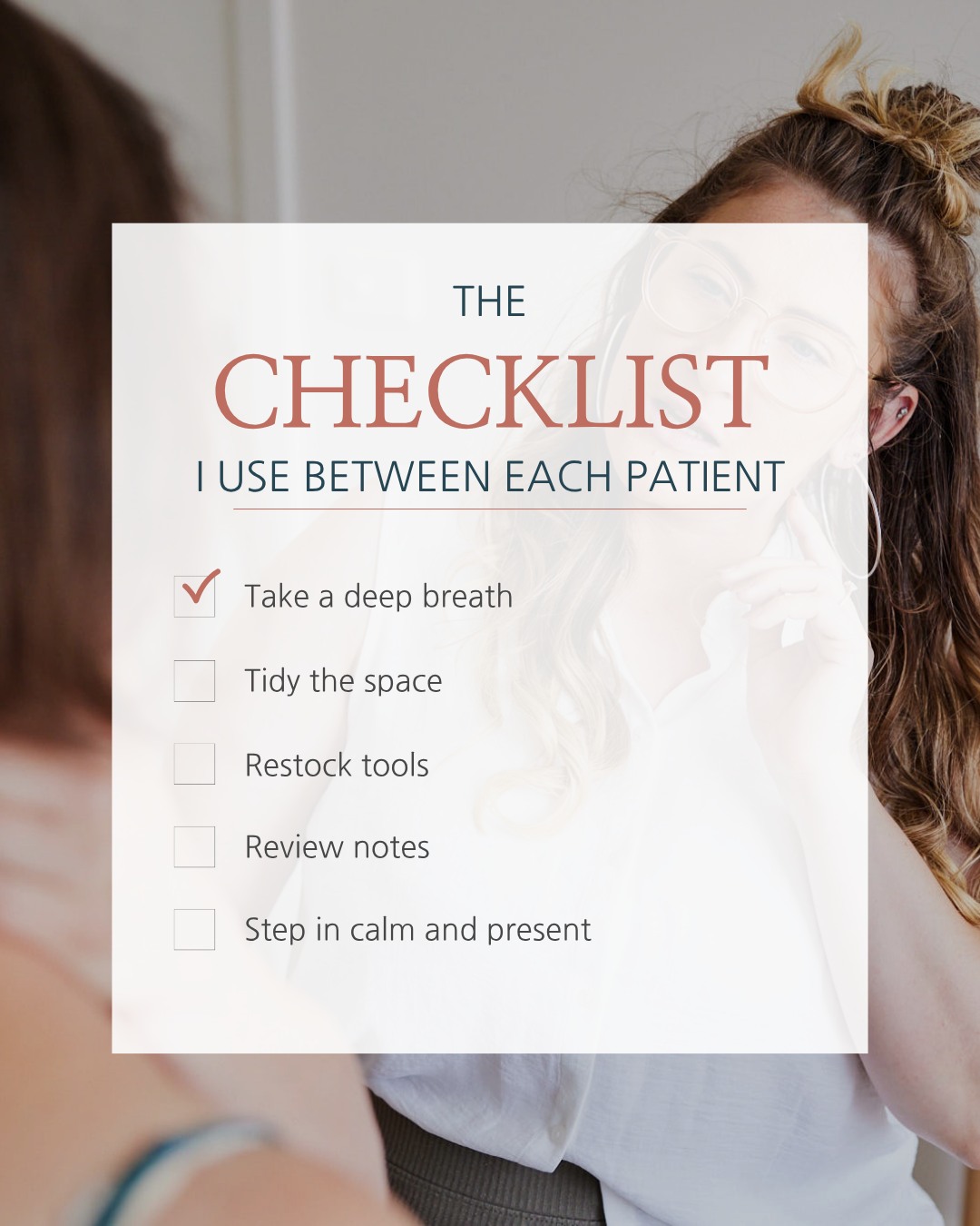 The Checklist I Use Between Each Patient
To make sure every patient gets the best care, I follow a simple reset routine between appointments:
- Take a deep breath – clear my head and reset my focus.
- Tidy the space – fresh linen, wiped surfaces, calm environment.
- Restock tools – whether it’s needles, oil, tape, or shockwave attachments, everything is ready to go.
- Review notes – a quick reminder of each patient’s goals and progress.
- Step in calm and present – so every person feels like they have my full attention.
It only takes a few minutes, but it means I’m always showing up refreshed, prepared, and ready to give my best.
What’s your own “reset” ritual between busy parts of your day?