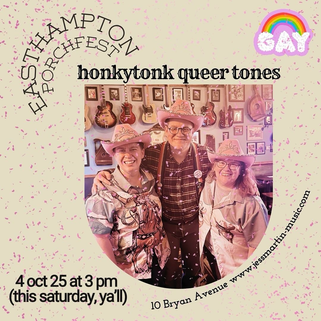 🌈🤠✨ Four days till we queer up the Easthmapton Porchfest (shout out 3rd annual!!!)! Honkytonk Queer Tones (Jess Martin, Emmett Troxel & Kim Hoff) are bringing fabulously gay, unapologetically political country covers to Easthampton’s Porchfest 🎶
We’re taking those twangy tunes you know and love, bending them sideways, and making space for joy, glitter, and rebellion in a genre that doesn’t always welcome us. Come stomp, sing, and yee-haw with us THIS SATURDAY, Oct 4, from 3–4 PM.
We’ll be playing at 10 Bryan Ave in the Park District. Followed by the fabulous Reuben Toadstool and the Plastic Pastrami Band (#albumreleaseparty!), so stick around for an amazing double feature. Wear your boots! Bring your saddle (or chair). Let’s goooooooo!
Country’s never sounded this queer. 💃🏽🌟🌈
@kimbahoff123 @bornmiddleaged @easthamptonporchfest
@reuben_toadstool
#porchfest #queercountry #HonkytonkQueerTones #westernmassmusic #easthamptonma
