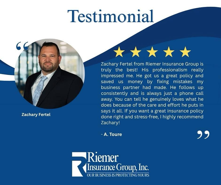We’re proud to share this amazing feedback for Zachary Fertel!
When it comes to insurance, having someone who truly cares makes all the difference. That’s exactly what Zachary Fertel delivers to our clients every day — professionalism, consistency, and peace of mind.
At Riemer Insurance Group, Our Business is Protecting Yours.
#Testimonial #ClientLove #RiemerInsurance #ProtectingYours #InsuranceDoneRight