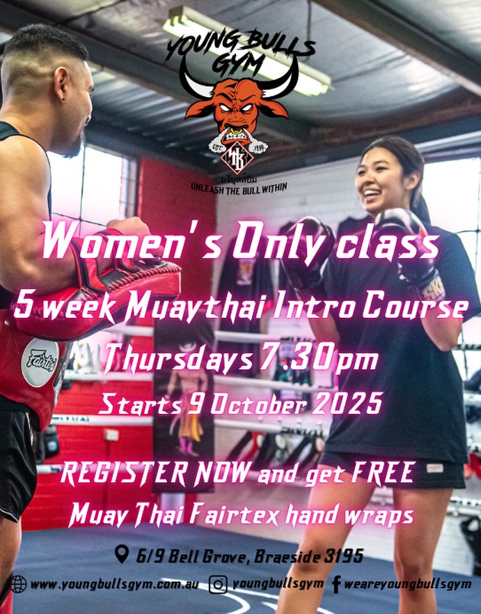 Girls night out at Young Bulls Gym😍🥊. Join us for our next Women’s Only short course, starting 9 October, 7.30-8.15pm. 5 weeks of Muay Thai fun in a friendly and safe training environment together with a small group of other local women. Register now via our website to secure your spot and get a free set of Fairtex hand wraps🫰👊 #youngbullsgym #youngbullsmuaythai #nakmuayyings