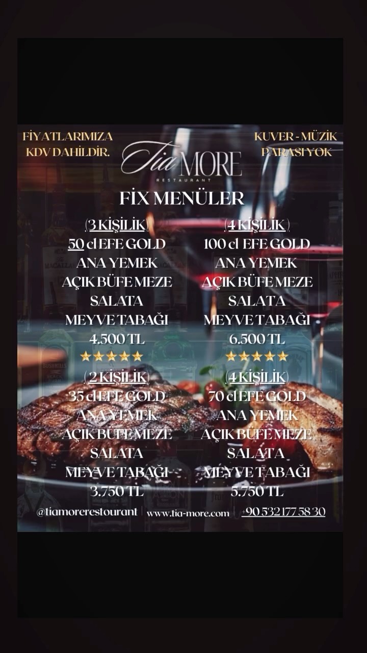 Yeni Fix Menü müz…. Zamlara inat daima kaliteli hizmet anlayışı ile @tiamore.restaurant sizleri bekliyor….
#büyükçekmece #büyükçekmecesahil #steakhouse #winehouse #buyukcekmeceeglencemekani #meyhaneci #tiamore #beylikdüzü