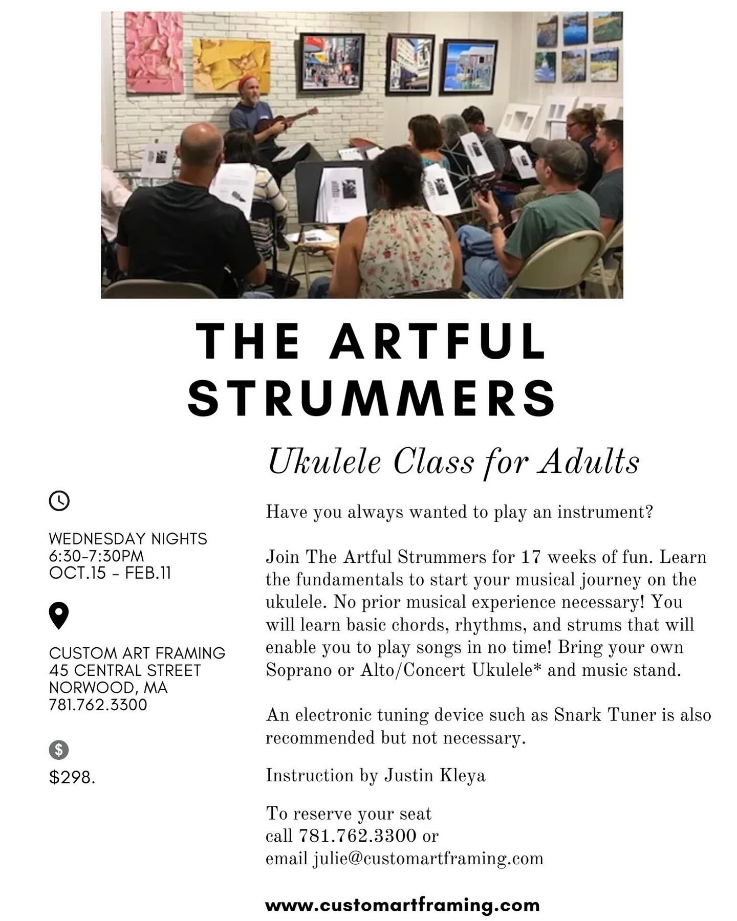 Did you know we host a Ukulele Class for Adults? The next 17 week session begins October 15th. A fun and engaging way to learn the fundamentals to start your musical journey. No prior musical experience necessary. Learn basic chords, rhythms, and strums that will enable you to play songs in no time! Wow your friends and family this holiday season. Join us! #ukulele #customartframing #musiclessons #bandgigschoolofmusic #ukuleleclass #norwoodma @friendsofnorwoodcenter