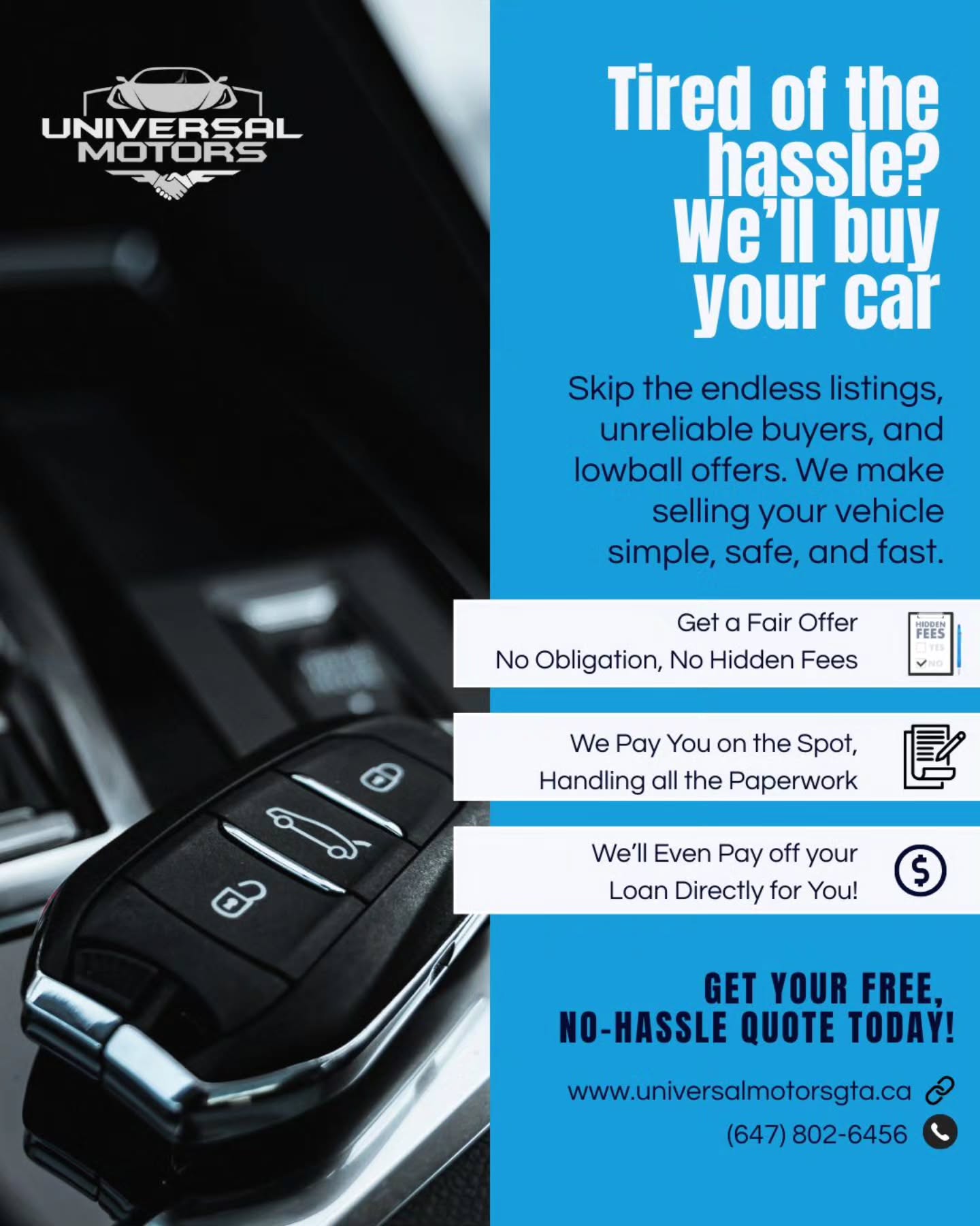 Get your free, no-hassle quote today!
#instantcash #Mississaugadealership #UniversalMotors #gtacardeals #sellmycar