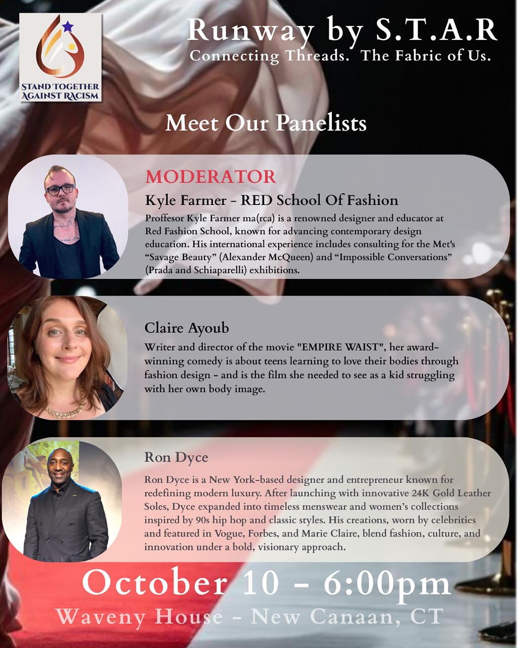 ✨ Runway by S.T.A.R – Connecting Threads, the Fabric of Us ✨
Uniting the worlds of fashion, culture, and social impact. 🌍✨
👗 Meet Our Panelists
🎤 Moderator: Professor Kyle Farmer ma(rca) – Renowned designer & educator at Red Fashion School. Kyle will guide the evening’s dynamic panel discussions, bringing his international experience and deep understanding of fashion’s cultural impact to the conversation.
💫 Claire Ayoub – Award-winning producer/director of Empire Waist, shining a comedic light on womanhood and body positivity.
💫 RONDYCE (Ron Dyce) – Hw is a New York-based fashion designer and entrepreneur redefining modern luxury. Dyce’s work has been featured in Vogue, Forbes, and Marie Claire. he continues to merge fashion, culture, and innovation under one bold vision.
💫 Julia DeNey – Founder of Sense-ational You, adaptive clothing for children with Autism, creating comfort and inclusion.
💫 Chǔ Chǔ – Co-founder of Eukari, blending Asian heritage and modern style so women can look and feel confident at work.
💫 Joanne (Jojo) Lacrete – Visionary designer from RED School of Fashion Association, pioneering sustainable, up-cycled fashion.
📅 Date & Time: October 10 | 6:00 PM
📍 Location: Waveny House – New Canaan, CT
🎟 Buy your tickets today! (link in bio)
Be part of a movement that uplifts voices, celebrates individuality, and redefines fashion’s role in community and culture. 💫
#RunwayBySTAR #ConnectingThreads #FashionForChange #InclusiveFashion #SustainableStyle #FashionEvents #SocialImpact #STAREvents #DiversityInFashion #FashionCommunity #CultureThroughFashion #EthicalFashion #BodyDiversity #FashionRevolution #NewCanaanEvents #SupportLocalEvents #STAR #WavenyHouse #NewCanaan #CT #Canaanite #Walterstuartmarket #Bankwell #NEFDA #Rosies