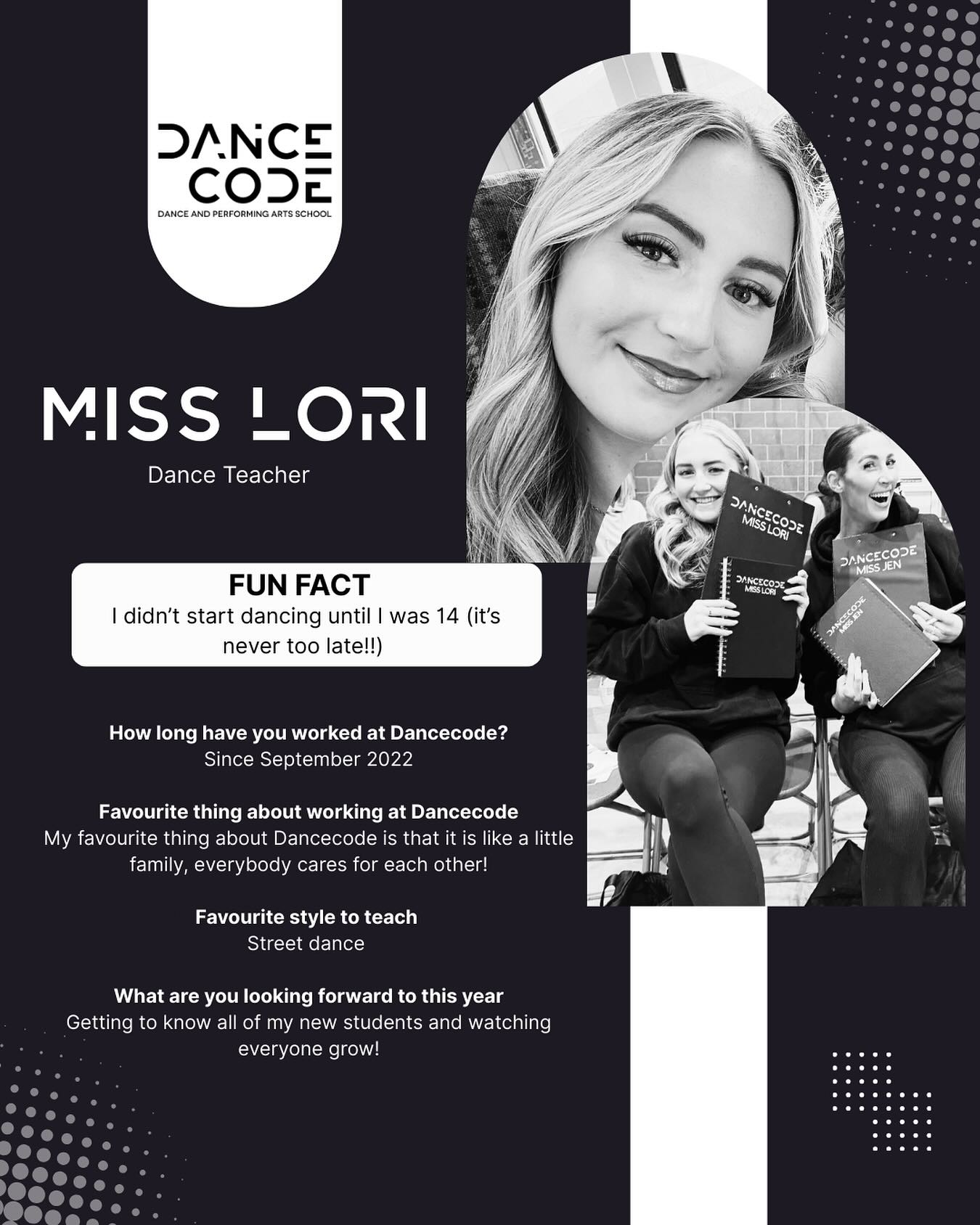 🌟 MEET MISS LORI 🌟
Since joining us in 2022, Miss Lori has been sharing her passion, creativity and energy with our dancers 💃✨. With her love for all things performance, she inspires students to give their best, grow in confidence and most importantly – have FUN in every class! 🎶🎭
We’re so lucky to have her as part of our dance family 💛