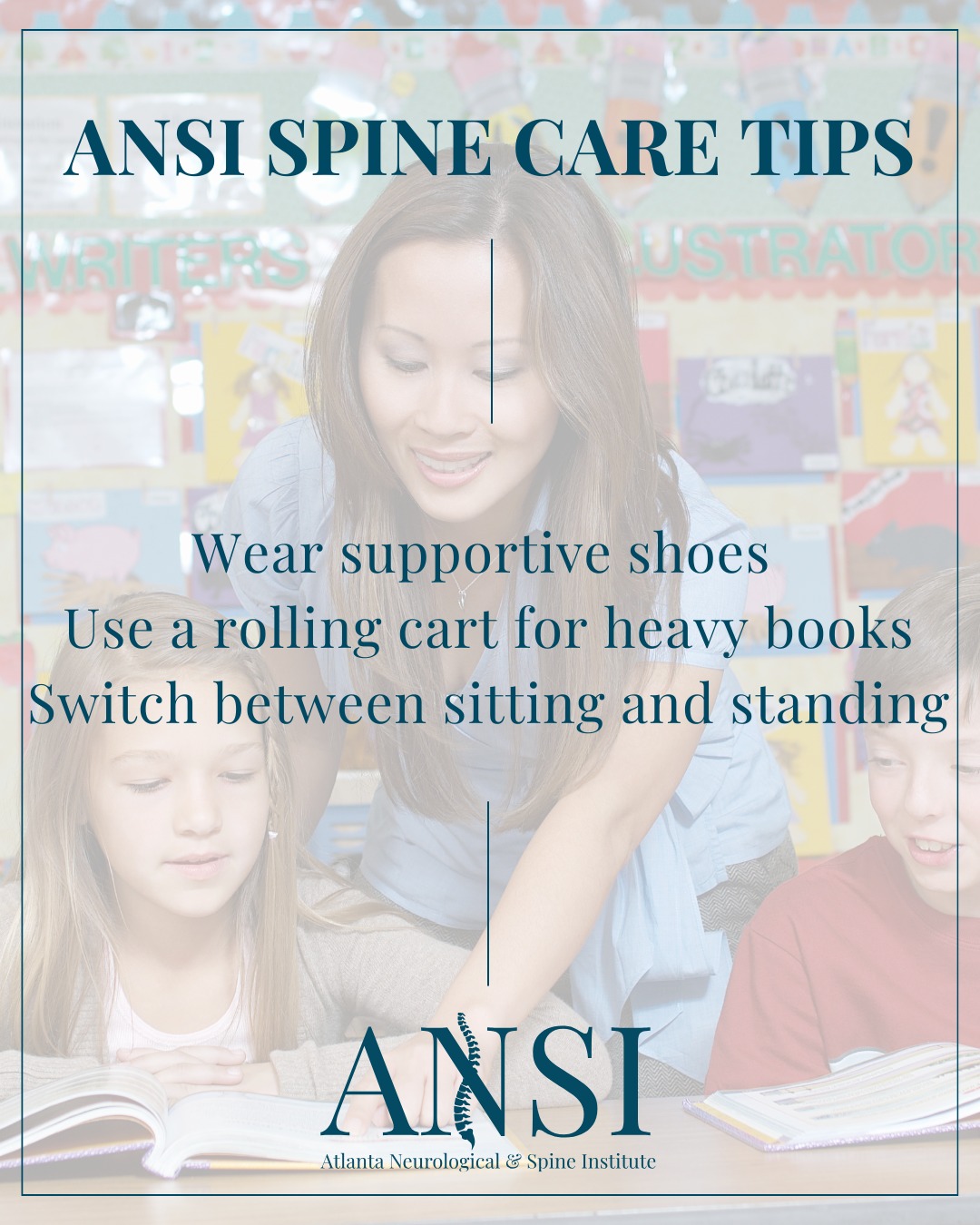 Teachersâyour back works overtime too.
â Wear supportive shoes
â Use a rolling cart for heavy books
â Switch between sitting and standing when possible
Strong posture = stronger teaching days.
.
.
.
#ANSI #AtlantaSpineExperts