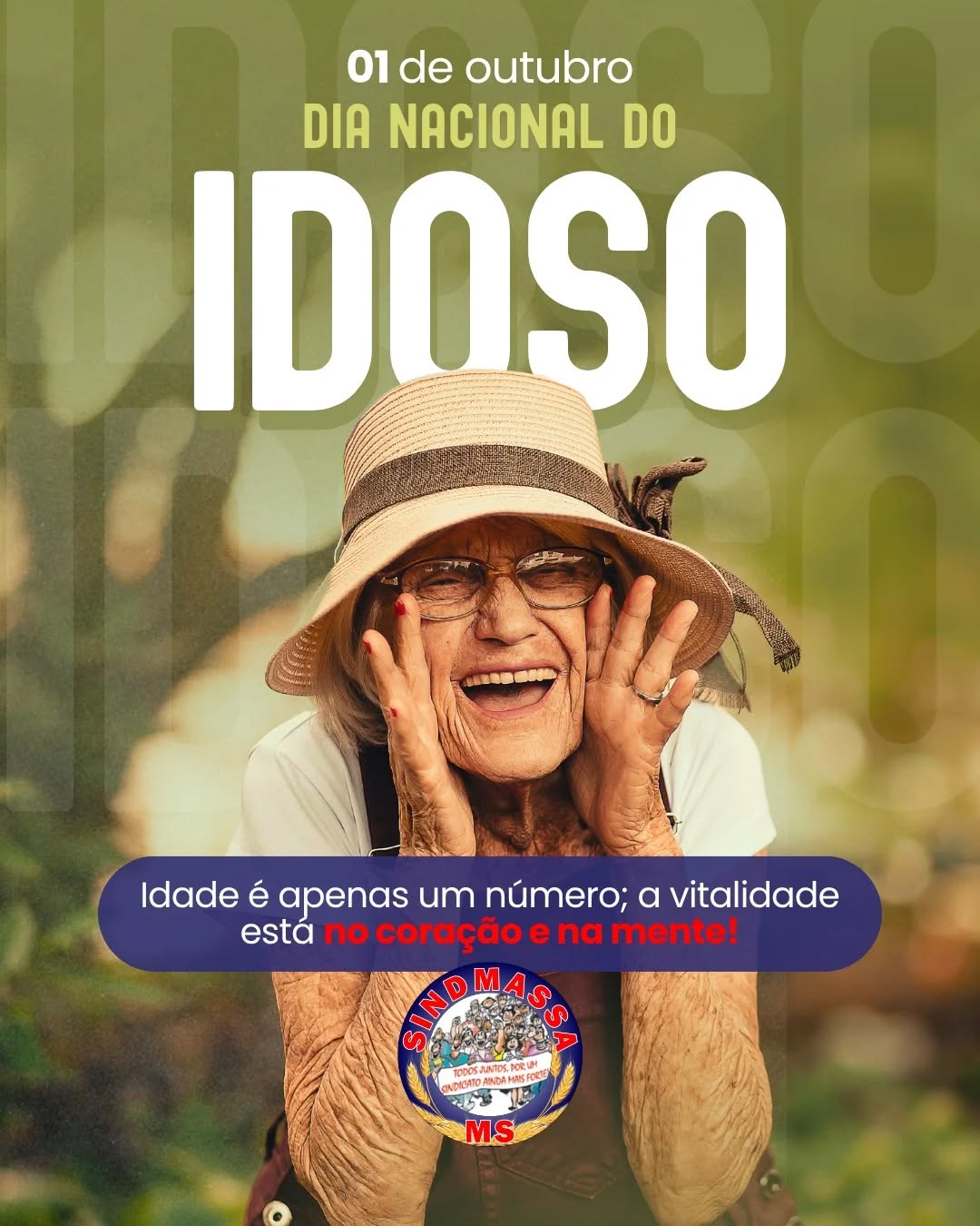 1º de Outubro: Dia Nacional do Idoso. Mais que uma data, um chamado à luta!
Hoje não é apenas um dia de homenagens. 
É um dia de reflexão e de exigir direitos para aqueles que dedicaram suas vidas ao trabalho. Em um país onde os idosos já são 15,6% da população e só crescem em número, garantir aposentadoria digna, saúde pública de qualidade e o fim do etarismo é um compromisso de toda a classe trabalhadora .
Nosso sindicato segue na linha de frente, defendendo os servidores aposentados e combatendo os desmontes das políticas públicas. 
Valorizar nossos idosos é honrar a história e a luta de quem construiu as bases do nosso movimento .
Pelo reajuste justo das aposentadorias! Por um SUS forte! 
Pela efetivação dos direitos do Estatuto do Idoso!
#DiaDoIdoso #SindicatoPresente #SaúdeÉDireito #PlusSaúde #CuidarDeQuemCuidou #1deOutubro