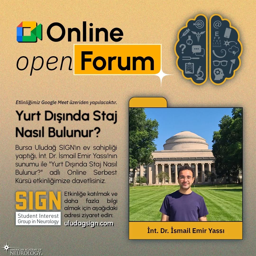 Kurucu üyelerimizden Int. Dr. İsmail Emir Yassı,
🌍 “Yurtdışı Staj Tecrübeleri ve Staj Nasıl Bulunur?” başlıklı sunumuyla bizlerle olacak!
🔹 İsmail Emir Yassı, tıp öğrenciliği sırasında dünyanın önde gelen merkezlerinde staj yapma fırsatı elde etmiş; MIT, Harvard ve Berlin gibi farklı ekollerdeki deneyimlerini bir araya getirmiştir.
🔹 Bu sunumda, hem kendi tecrübelerinden bahsedecek hem de yurt dışında staj bulma sürecinin püf noktalarını, başvuru aşamalarını ve öğrenciler için en faydalı kaynakları aktaracak.
🎯 Eğer sen de yurt dışında tıp eğitimi/staj imkanlarını merak ediyor, başvuru sürecinde nereden başlaman gerektiğini düşünüyorsan bu etkinlik tam sana göre!
🗓️ 8 Ekim 2025, 19:00
💻 Google Meet (Toplantı davet linkine biyografi kısmından ulaşabilirsiniz)