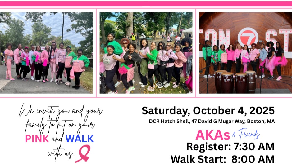 http://main.acsevents.org/goto/BostonAKAs
Join the Boston AKAs Making Strides Team, we invite you and your family to meet us at 8:00 AM (Registration is at 7:30 AM). Our Team Leader is Kirsten Turner, our Program Chairman, Vice President and Survivor who leads with courage, strength and is Oh So Pretty!
Pull out your pink and walk with us!