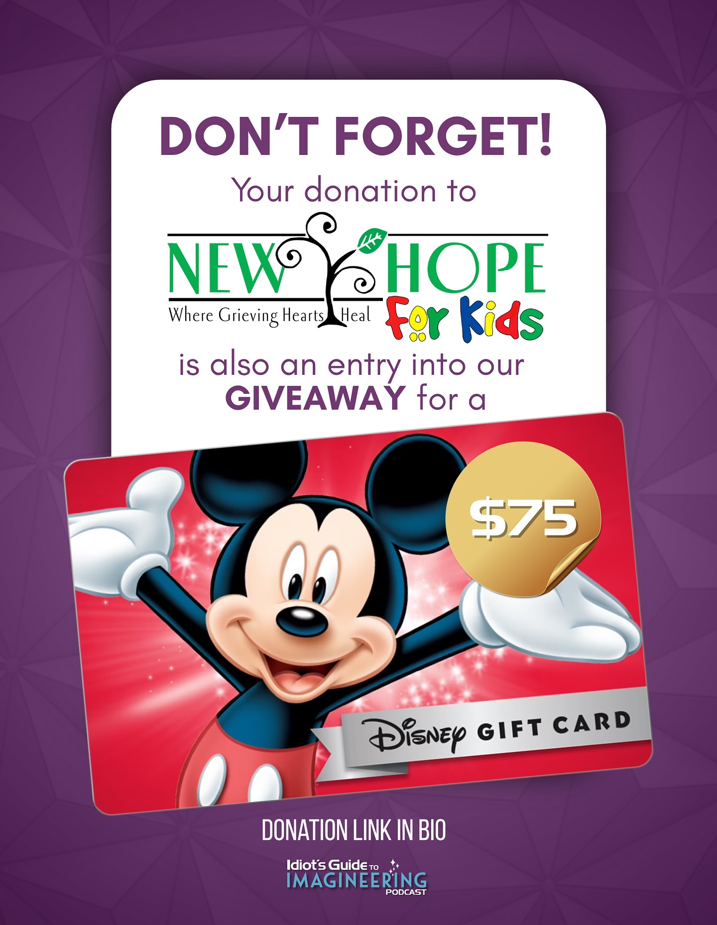 🚨 REMINDER 🚨 Your donation through our GoFundMe (linked in bio) for New Hope for Kids enters you into our $75 Disney Gift Card giveaway. We’re over halfway to our goal!
This is our way of saying thank you for supporting such an incredible cause. New Hope for Kids brings hope, healing, and joy to children and families in Central Florida who need it most. 💙
The giveaway runs until November 17 and we’ll announce the winner on a future episode of Idiot’s Guide to Imagineering. Every donation helps us reach our goal and brings us closer to making a difference together.
#DisneyGiveaway #DisneyGiftCard #GiveawayAlert #DisneyMagic #Fundraiser #CharityGiveaway #MakeADifference #NewHopeForKids #Giveaway