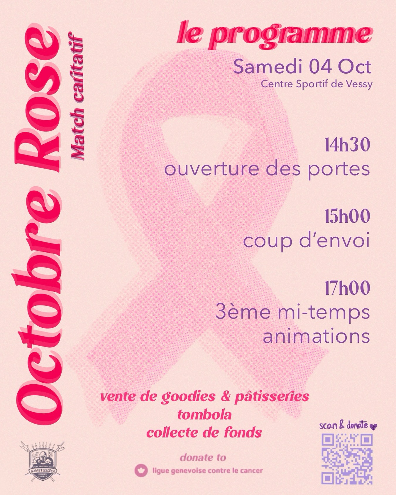 ✨Retrouvez-nous le 4 octobre au Centre Sportif de Vessy pour notre match caritatif contre @rugbybern en soutien à la @liguegenevoisecontrelecancer 💗
Coup d’envoi 15h – animations, tombola auront lieu à la 3ᵉ mi-temps
Entrée libre – participation volontaire
Soutenez la cause en achetant une pâtisserie ou des goodies 🎀 ✨