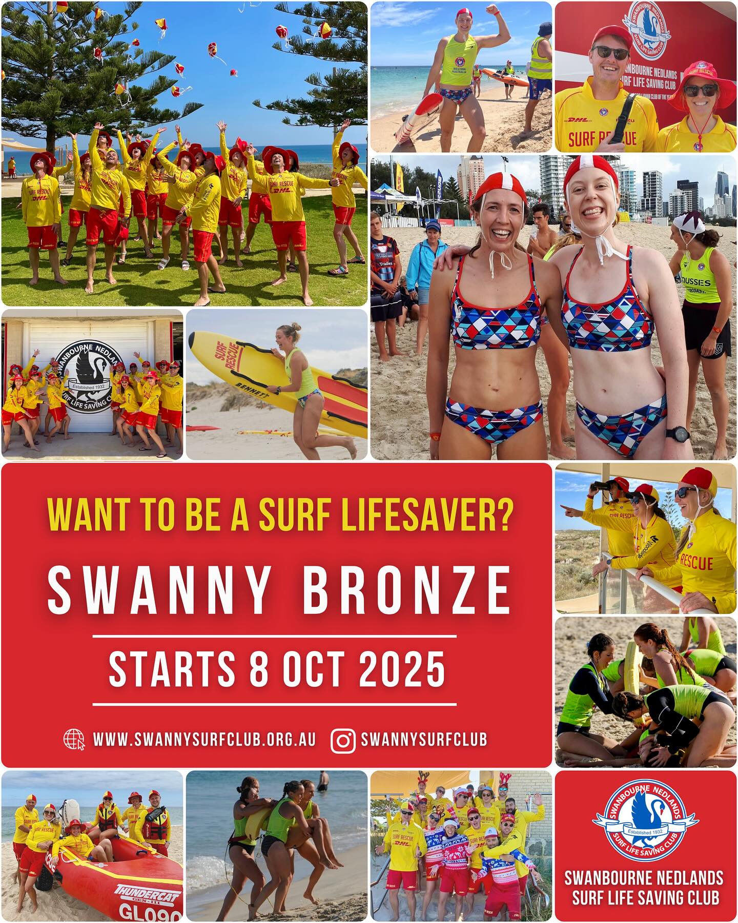 🌊🏄Swanny Bronze starts 08 October 2025🏄♀️🌊
If you’ve ever thought about becoming a life saver, this is what you’ve been looking for. Tag or share with a friend who you think would make a great lifesaver. Start off the new year with a great way to get or stay fit, make new friends and develop lifesaving skills that help keep your local community safe.
Registrations are now open for our Bronze Medallion course. Check out the Bronze Medallion link in our bio for more information and how to join ⛱️
#swanny #bronze #snslsc #sIswa #swimbetweentheflags #swanbourne #nedlands #ourbeach #mybeach #surfrescue #lifesaver #volunteer