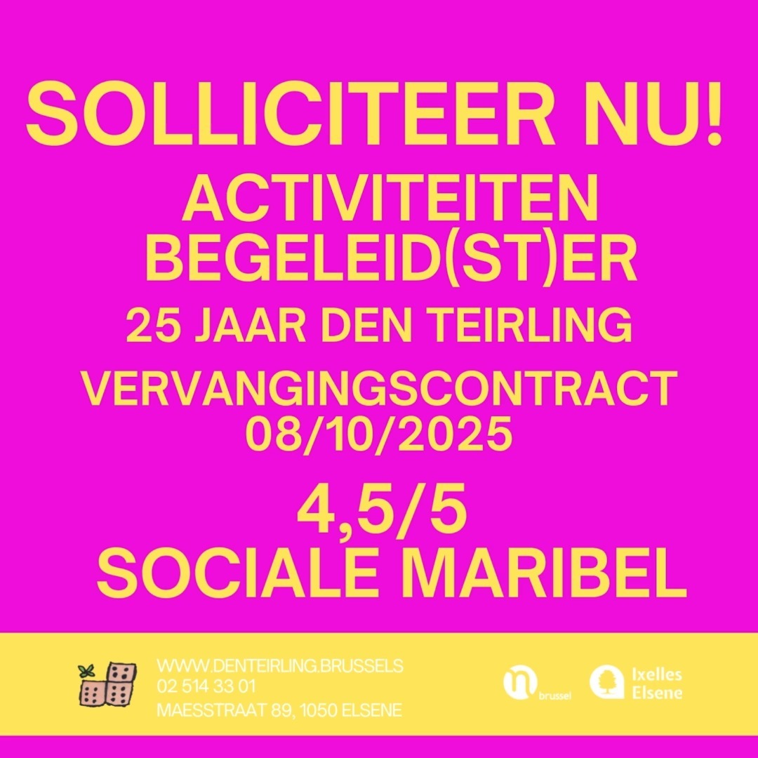 🌟 Wij zoeken een tijdelijke activiteitenbegeleider! 🌟
Den Teirling viert dit jaar zijn 25-jarig bestaan 🎉 en we zoeken versterking om ons feestweekend in november mee mogelijk te maken. ✨
👉 Wat ga je doen?
Samen koken 👩🍳
Leden onthalen & uitstappen begeleiden 🚶
Mee bouwen aan expo, debat & feestprogramma 🎶🎨
Teamwerking & organisatie achter de schermen
📅 08/10/2025
📍 Elsene, Brussel
💌 Zin om samen met ons een warm, creatief en verbindend feest neer te zetten?
Stuur je cv + motivatie naar ella@denteirling.be
👉 https://11.be/vacatures/tijdelijke-activiteitenbegeleidster-25-jaar-den-teirling