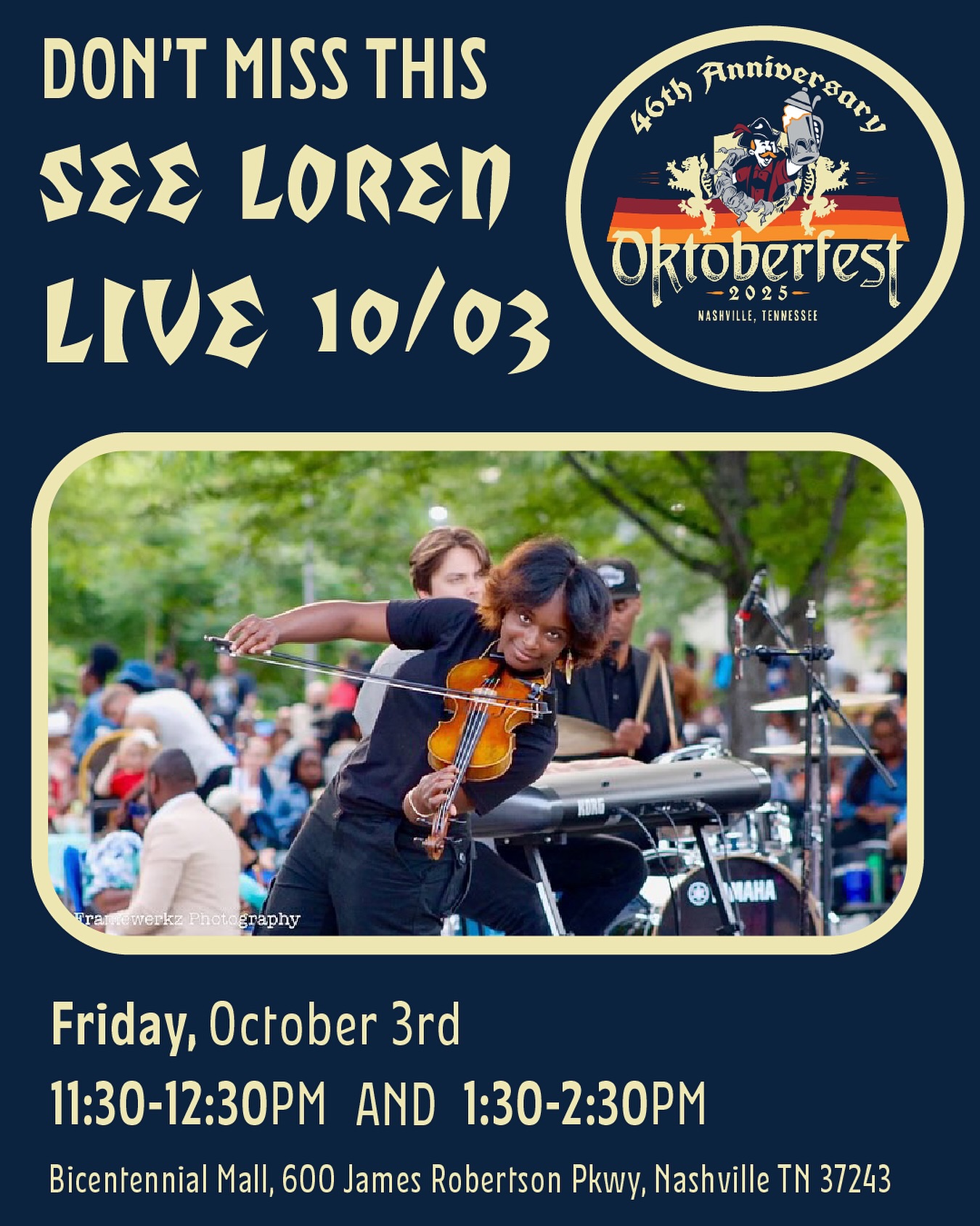 New Times, New Slots, New People, FREE ENTRY
Loren LIVE at Oktoberfest 🍻🎻 Rolling with the Changes, Here’s my new event time!🎶 @nashvilleoktoberfest
If you’re in Nashville… don’t miss this. Catch me live. Festival entry is FREE until 4pm :)
📍 Bicentennial Mall State Park @bimalltnsp
📅 11:30am / 1:30pm, Friday, October 3rd, 2025
#NashvilleOktoberfest #LorenPlaysViolin #LiveMusic #nashville