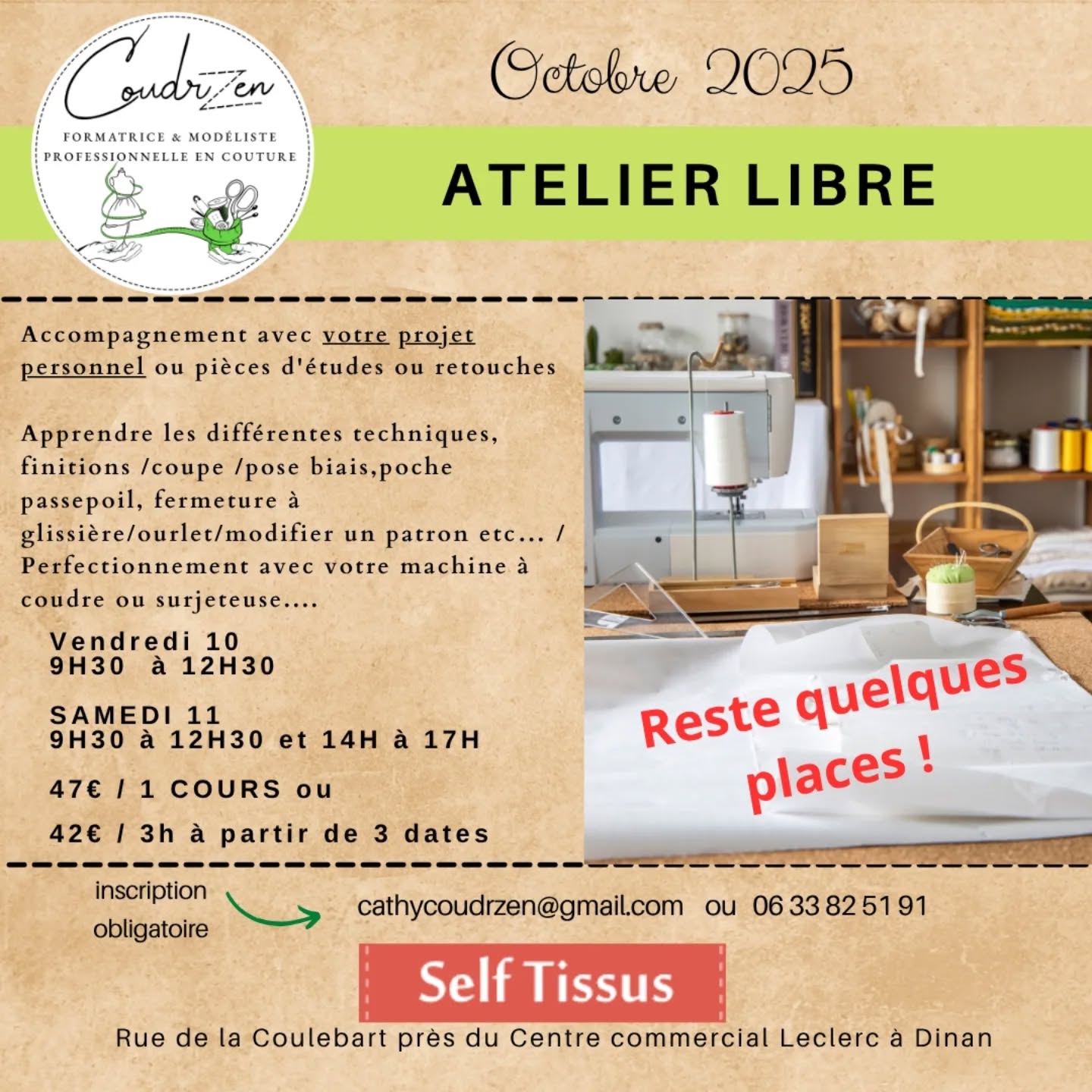 Profitez de votre temps pour réaliser vos projets en atelier libre chez @selftissus_dinan
C'est le moment pour vous faire plaisir et passer un bon moment avec nous.
Contactez moi au 06 33 82 51 91 ou cathycoudrzen@gmail.com
#couture #plaisir #passion #surjeteuse #patronage #machine à coudre