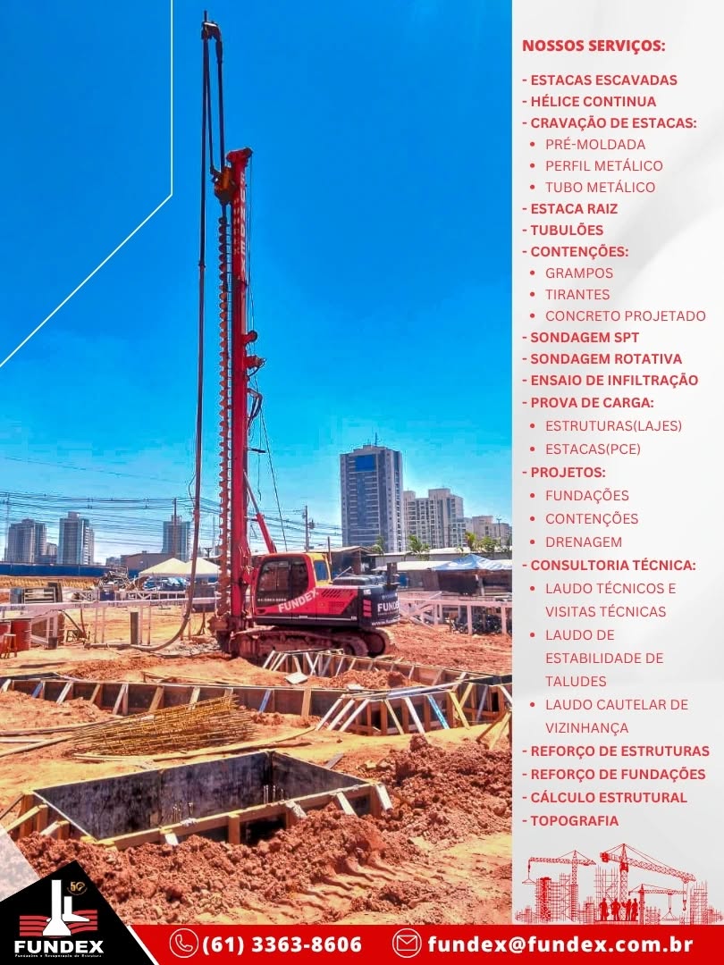 Na obra do empreendimento Maresias da Faenge, em Brasília-DF, a Fundex marca presença com a execução de estacas em hélice contínua, garantindo qualidade, segurança e precisão em cada etapa da fundação.
🔴 Mais de 50 anos de experiência em soluções de geotecnia que transformam projetos em realidade sólida!
#Fundex #Geotecnia #Fundação #EstacaHeliceContinua #EngenhariaCivil #ObrasBrasília #ConstruçãoCivil #Infraestrutura #MaresiasFaenge #QualidadeFundex