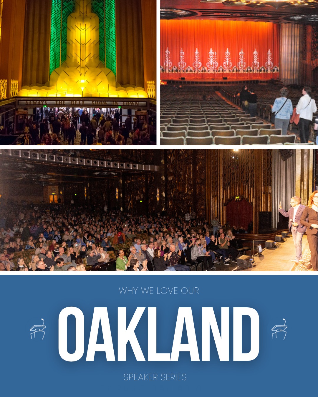 Step into history—and into conversation.
Nestled in the heart of Oakland, the Paramount Theatre is an iconic venue that sets the tone for seven unforgettable evenings filled with bold ideas, inspiring voices, and meaningful connections within the community.
✨ Why we love our Oakland Speaker Series ✨
🍸 Full Bar
Whether you're coming with friends, on a date night, or making it a team outing, the Oakland Paramount has a full bar available so you can enjoy your favorite drink during the event.
🎭 Oakland’s Historic Gem
Built in 1931 and now a National Historic Landmark, the Paramount Theatre offers a stunning Art Deco backdrop that adds glamour, history, and charm to every Speaker Series night.
✅ “A Confident Welcome” | Secure, Simple, and Seamless
From the moment you arrive, you’ll notice that Oakland Paramount has created an experience designed with care: welcoming staff at the doors, clearly marked parking close by, and a visible but relaxed security presence working in partnership with Oakland police.
🎟️ Subscribe today at speakerseries.net.