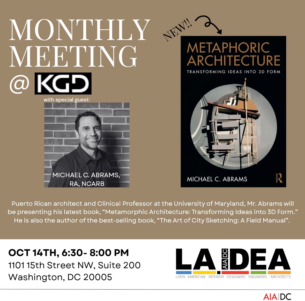 Join us for this month’s meeting as Michael C. Abrams presents his latest book, “Metamorphic Architecture: Transforming Ideas into 3D Form.” Don’t miss the chance to dive into his visionary approach to design! ✨