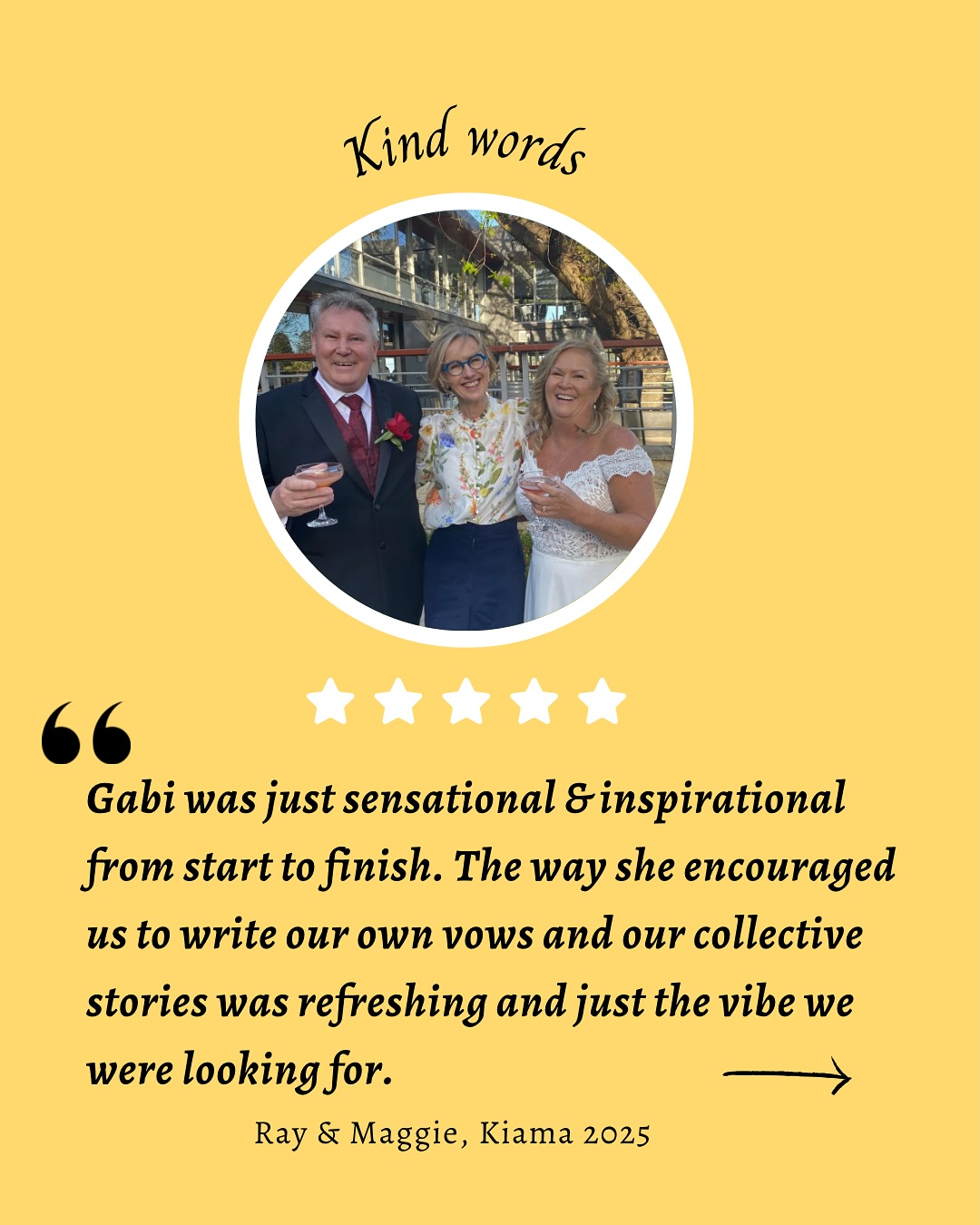 If this is the kind of ceremony you’re dreaming of, let’s start planning together. I’m sharing this review as this is what every couple to feel - supported, celebrated and inspired.
And of course, I had great material to work with too!
What people don’t see are the hours of preparation behind the scenes and then the practice at the home. So worth it when you get this kind of feedback 🙏🏽
#wollongongcelebrant #southcoastwedding #southcoastcelebrant #southcoastbride #kindwords #wedding #wollongong #kiama