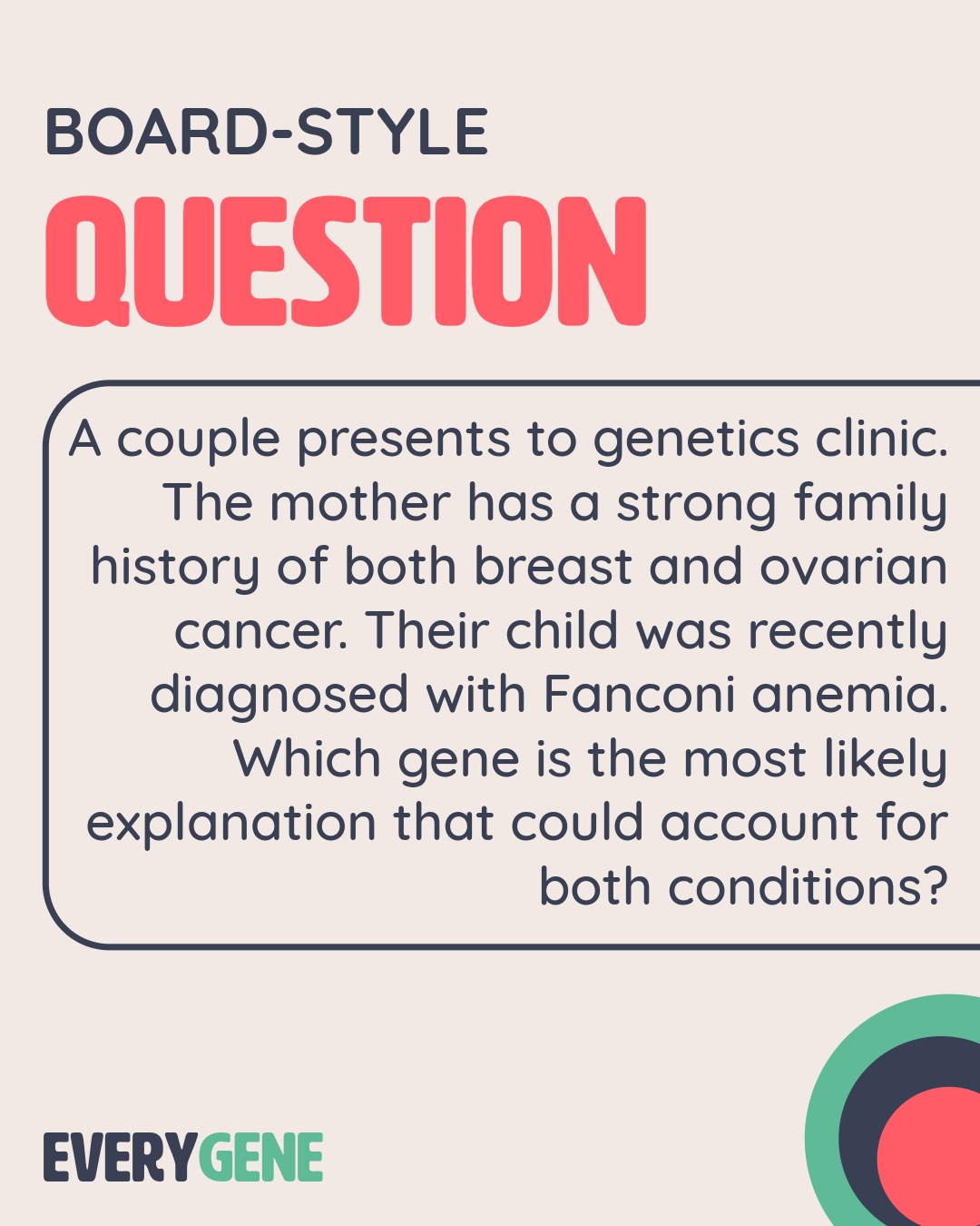 BONUS POINTS if you can tell me what test or testing is used to diagnose Fanconi anemia!? Hint: ⬆️💔
Link in bio for flashcards!
#everygene #boardquestion #genetics #FA #fanconianemia #breastcancer #cancersucks