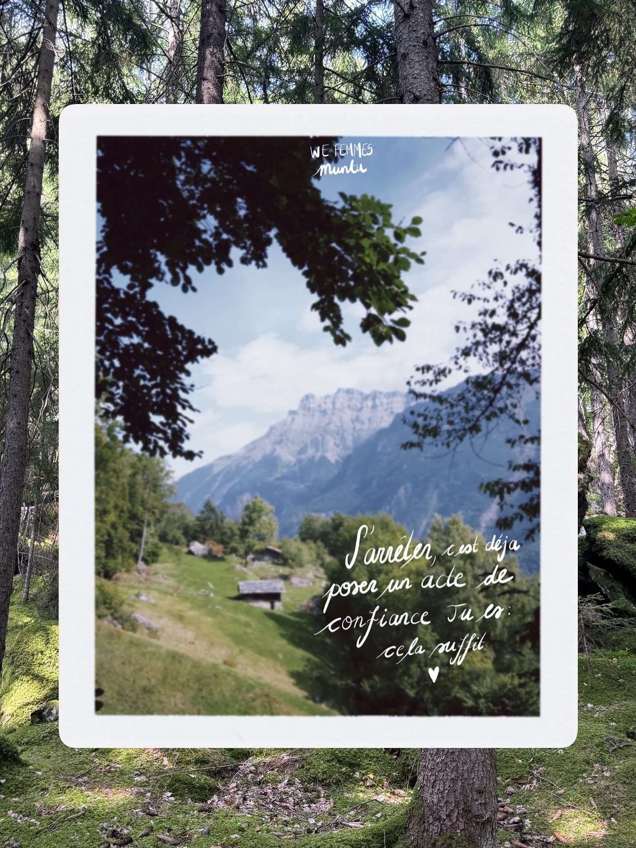 Les Ateliers Muntu - la créativité au service de l’héritage.
Lors de notre dernier week-end Femmes, les participantes ont pu recevoir, en plus des photos de leur week-end, des citations issues de moments forts de la retraite à emporter chez elles à la maison.
À mettre en fond d’écran ou à accrocher chez soi, ces petites attentions font entièrement partie de notre philosophie de travail: vous donner les outils pour créer un espace, en vous et autour de vous, qui réponde à vos besoins et vous invite à être votre propre pourvoyeur de soins, avec tendresse et tolérance.
🎨 : @sophiawyssbrod