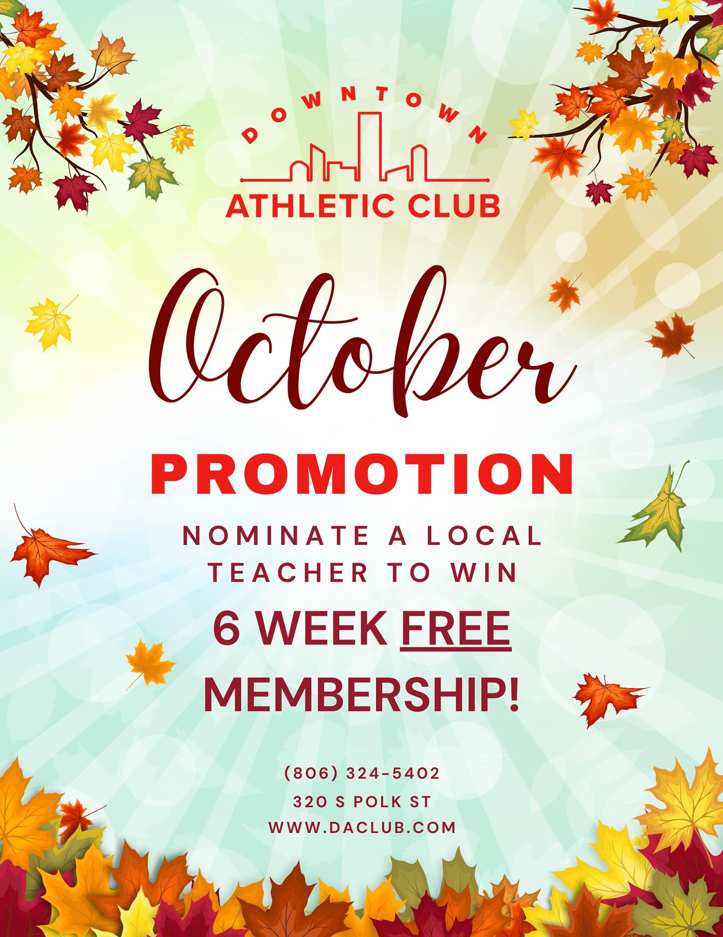 🍁✨ October Giveaway! ✨🍁
This month, we’re celebrating local teachers at DAC! Nominate your favorite teacher for a chance to win a FREE 6-week membership.
Teachers, don’t forget—the DAC offers a special discounted rate all year long for you, so don’t miss out!