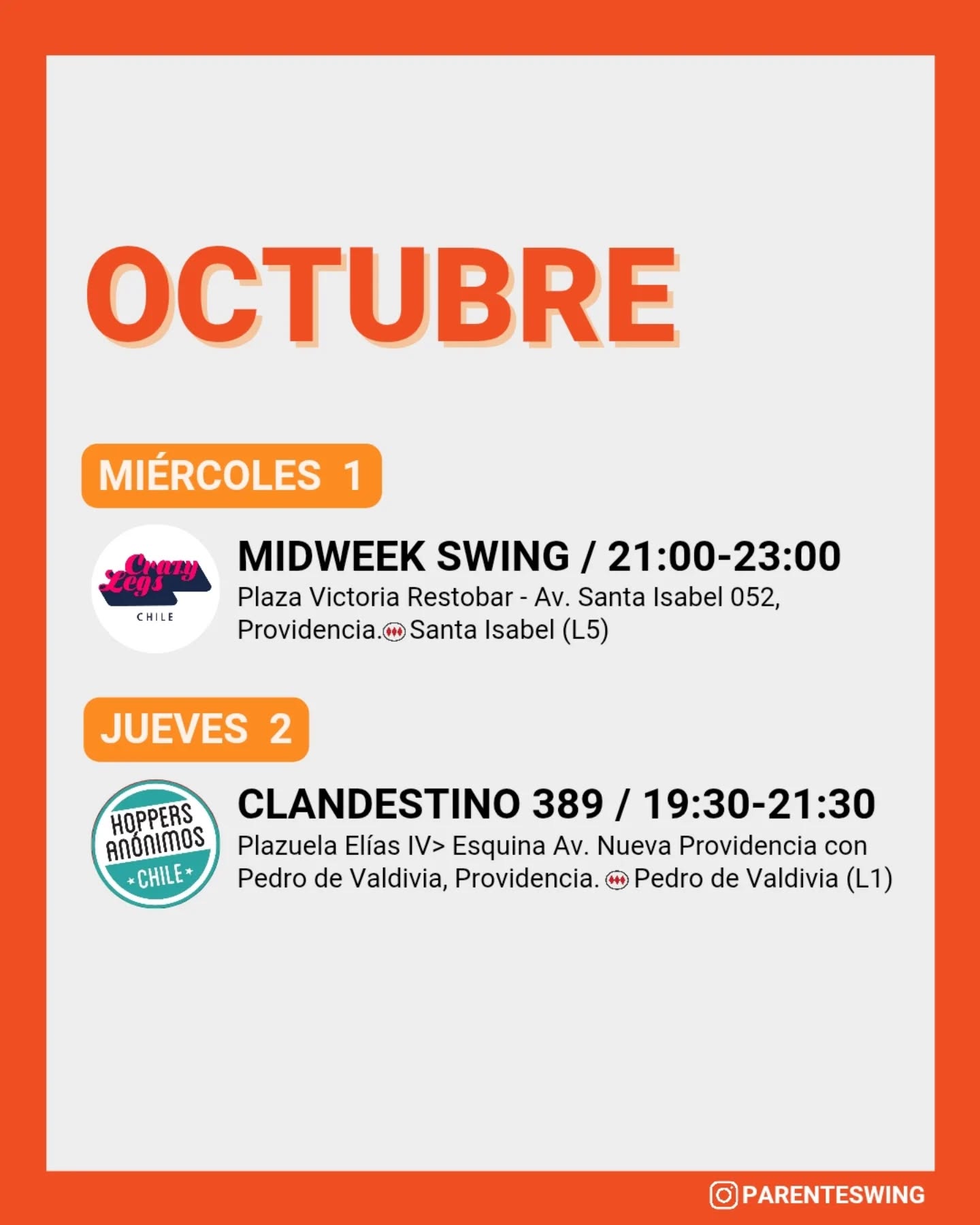 ✨Todos los eventos son gratuitos y abiertos a todo público, a menos que se indique valor de entrada 💸
‼️Cualquier modificación o nuevo evento en los comentarios👇🏻 y/o por historias 👆🏻
🤔 Qué es una Jam, Clandestino o Baile Social?
Una instancia donde fanáticos de los bailes swing (Lindy hop, Balboa, Shag, Solo jazz) se reunen a compartir, hacer comunidad y a la vez, practicar.
❌ Las actividades publicadas NO son instancias de clases para aprender a bailar, a menos que se indique “Taller” o “Clase Abierta”.
👀 Quieres aprender a bailar?
En nuestra historia destacada “CLASES” está toda la información y formularios de inscripción a los cursos del mes de las escuelas de bailes swing ✨
Nos vemos en la pista! 💃🏻🕺🏻🔥
#danzachile #lindyhopchile #swingchile #bailechile #eventoschile #danzasantiago #santiagodechile #panoramasgratis #swingdancechile #swingdancingchile #lindyhopperschile #panoramasgratis #panoramagratis #santiago