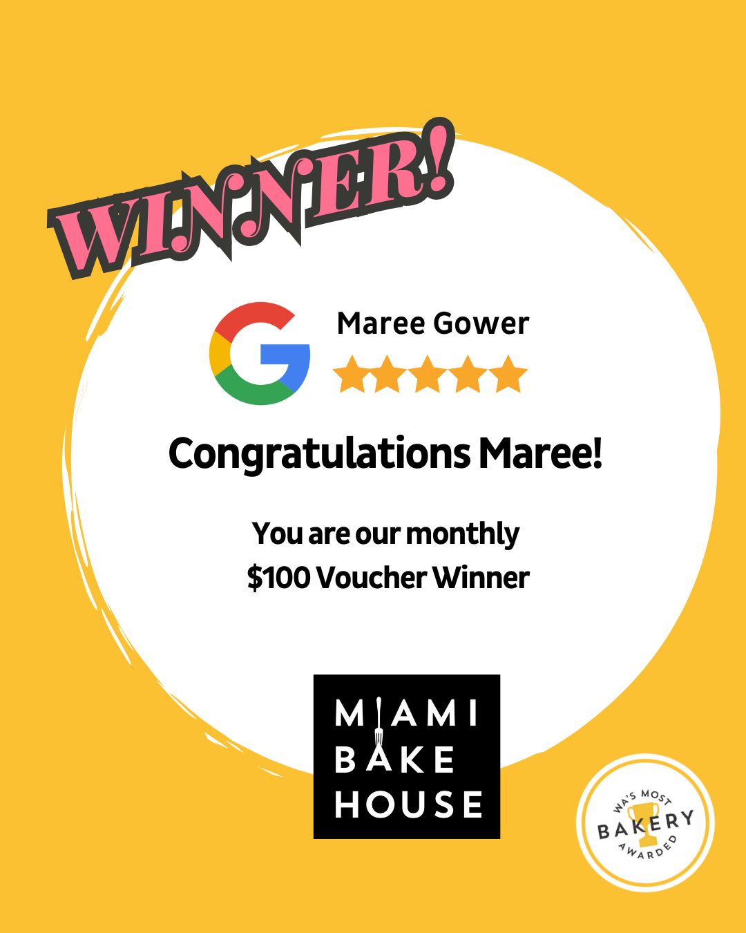 Congratulations Maree! We're amazed by your kind words and would love to thank you with a $100 Miami Bakehouse gift voucher!
You can share your thoughts too! Let our lovely team know how you found your experience with us and enter our monthly draw to win a $100 Miami Bakehouse Gift Voucher.