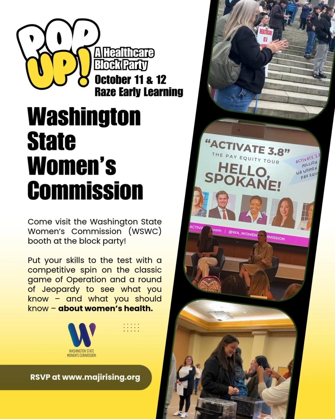 🎉Meet the team powering the block party!
Join us at @razeearlylearning on October 11th and 12th and connect with the @wa_womenscommission!
✔Stop by for some fun, connect with us, and be among the first to explore the pilot of our new Resource Center – a one-stop shop for state resources that support women’s health, safety, and economic well-being.
About: WSWC, a state agency in the Office of the Governor, works to ensure the voices and needs of women and girls are represented in state policies and programs. Stop by for some fun, connect with us, and be among the first to explore the pilot of our new Resource Center – a one-stop shop for state resources that support women’s health, safety, and economic well-being.
RSVP to the block party and learn more at www.majirising.org
#MajiRising #spokanewashington #vibesandvitalsigns #community #CommunityHealth #CommunityCare #healthycommunities #heathcare #healing