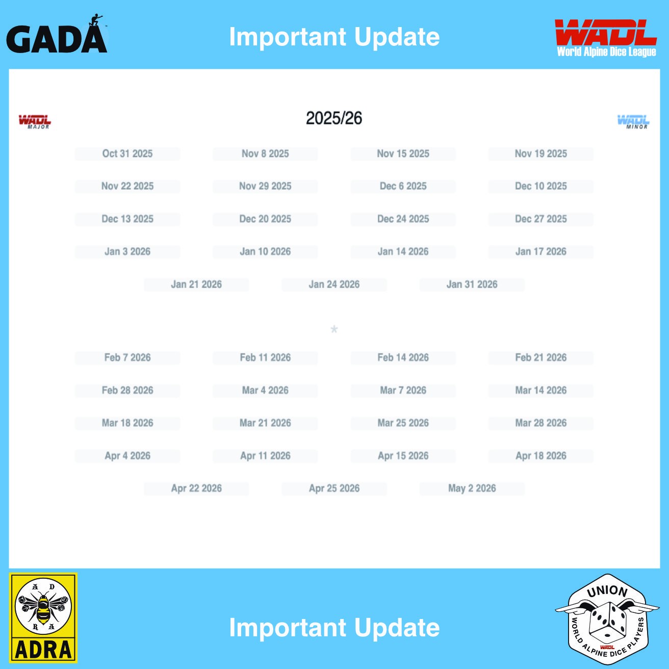 🏔️🔥 A BIGGER. BOLDER. BADDER. season is coming. 🔥🏔️
The wait is over.The official schedule just dropped, and every matchup is locked in. This season, it’s not just about showing up. It’s about stepping up.
💥 More rivalries.
💥 More intensity.
💥 More unforgettable moments.
Circle your calendars, rally your crew, and get ready—because this season is set to raise the bar higher than ever.
#BiggerBolderBadder #GameTime #WADL #DiceMasters#würfelzucker #würfel #würfelspiel #würfelsport #dice #dicegame #diceaddict #dicegames #dicemagazine #dicemedia #dicelove #dicesport #highhigherhighest