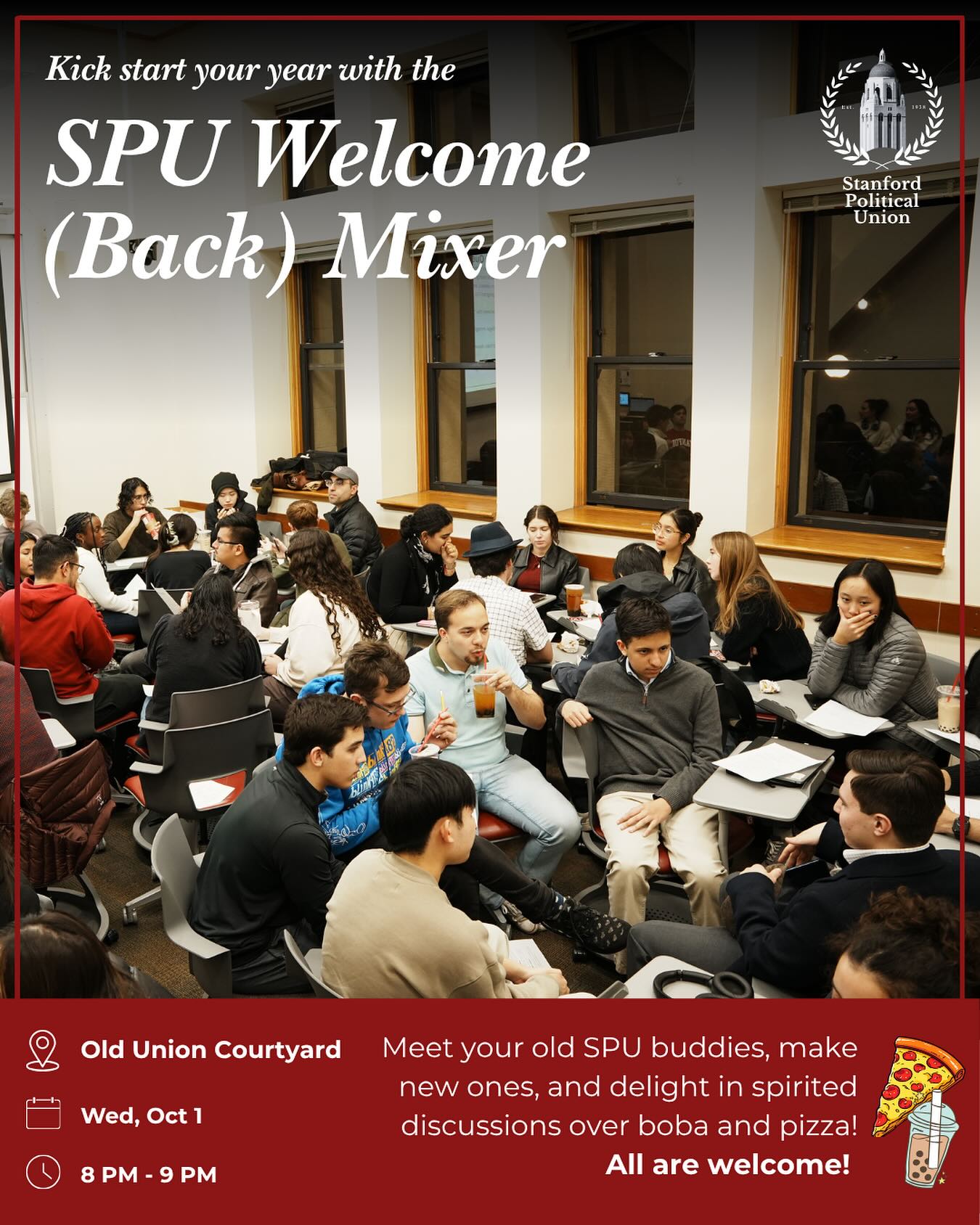 Join us TODAY at 8pm for our Welcome (Back) Mixer in the Old Union Courtyard. There will be pizza, boba, and a fun discussion game to get you back in the civic dialogue mindset!