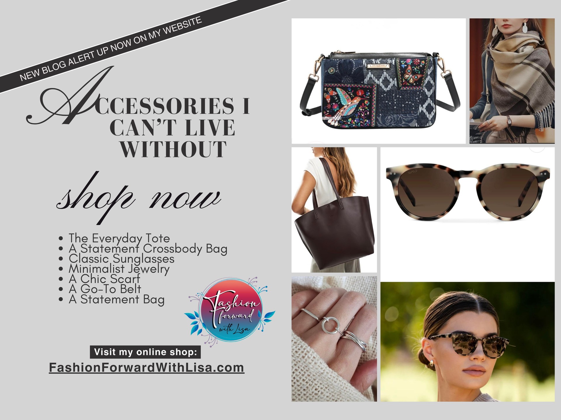 NEW BLOG ALERT:
ACCESSORIES I CAN’T LIVE WITHOUT:\
The Everyday Tote
A Statement Crossbody Bag
Classic Sunglasses
Minimalist Jewelry
A Chic Scarf
A Go-To Belt
A Statement Bag
read more by visiting my website...
visit us online at:
FashionForwardWithLisa.com
and check out our 5 star reviews on google.
#fashion #FashionTrends #fashionstyle #smallbusiness #smallbusinessowners #longisland #suffolkcountyny #nassaucountyny #FashionForward #FashionFinds #clothing #handbags #lakegrove #smallshopsdreambig #womensaccessories #jewelry #shopnow
#womensclothing #womensclothingstore
#shopping #shoppingonline