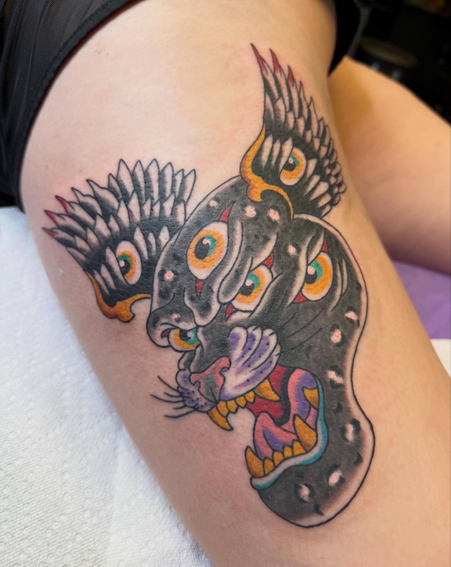 Seraphim leopard for Sienna, thanks for snagging this! Pulled from my recent flash, with some color tweaks. Always down for more big cats, DM to book yours!
Availability in October/November!
•
#traditionaltattoos #americantraditional #traditionalflash #dentontattoos #dentontattooartist #dfwtattoos #dfwtattooartist #dentontexas #dfwtexas