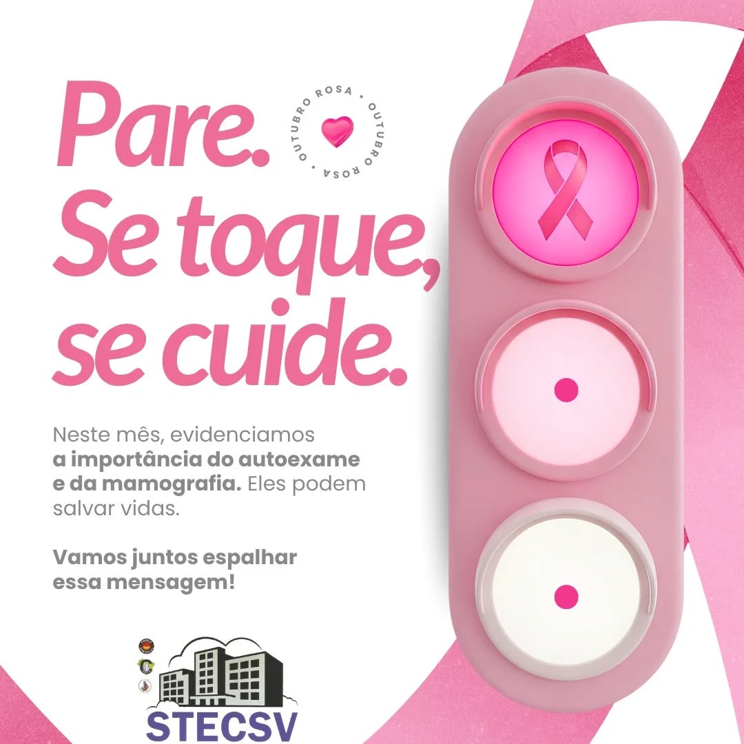 🎀 Outubro Rosa é um lembrete poderoso: sua saúde vem primeiro!
Pare. Se toque, se cuide. 💗
Aqui no STECSV Sindicato dos Trabalhadores em Edifícios e Condomínios de São Vicente/SP, reforçamos a importância do autoexame e da mamografia como ferramentas fundamentais na luta contra o câncer de mama. 💪🏽✨
Prevenir é um ato de amor-próprio. Espalhe essa mensagem com a gente!
#OutubroRosa #PrevinaSe #Autoexame #Mamografia #STECSV #SindicatoForte #CuidarÉAmar #SaúdeDaMulher #ToqueDeAmor #Conscientização #SindicatoPresente 💕🎗️💬