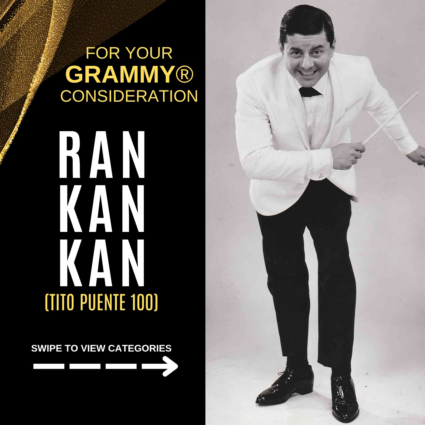 Voting begins today!
For Your GRAMMY® Consideration
RAN KAN KAN (Tito Puente 100) is up for GRAMMY® consideration in the following categories:
Best Global Music Performance
Best Orchestral Performance
Record of the Year
Best Arrangement, Instrumental or A Cappella
(Arranger, @bernarvazquezz )
Best Music Video
(Video, @mrdonteva )
Produced by: @micaelacarballocompositora & @angelvelezmusic
Featuring @titopuentejr
What an honor to bring this project to life and celebrate the Latin music icon Tito Puente. Thank you to co-producer Micaela Carballo, all of the amazing musicians of the Studio Intensive Orchestra and a special thanks to Tito Puente, Jr. for entrusting us with this very special project.
Thank you for considering RAN KAN KAN (Tito Puente 100)!
#fyc #grammyfyc #titopuente #rankankan #titopuente100 #titopuentejr