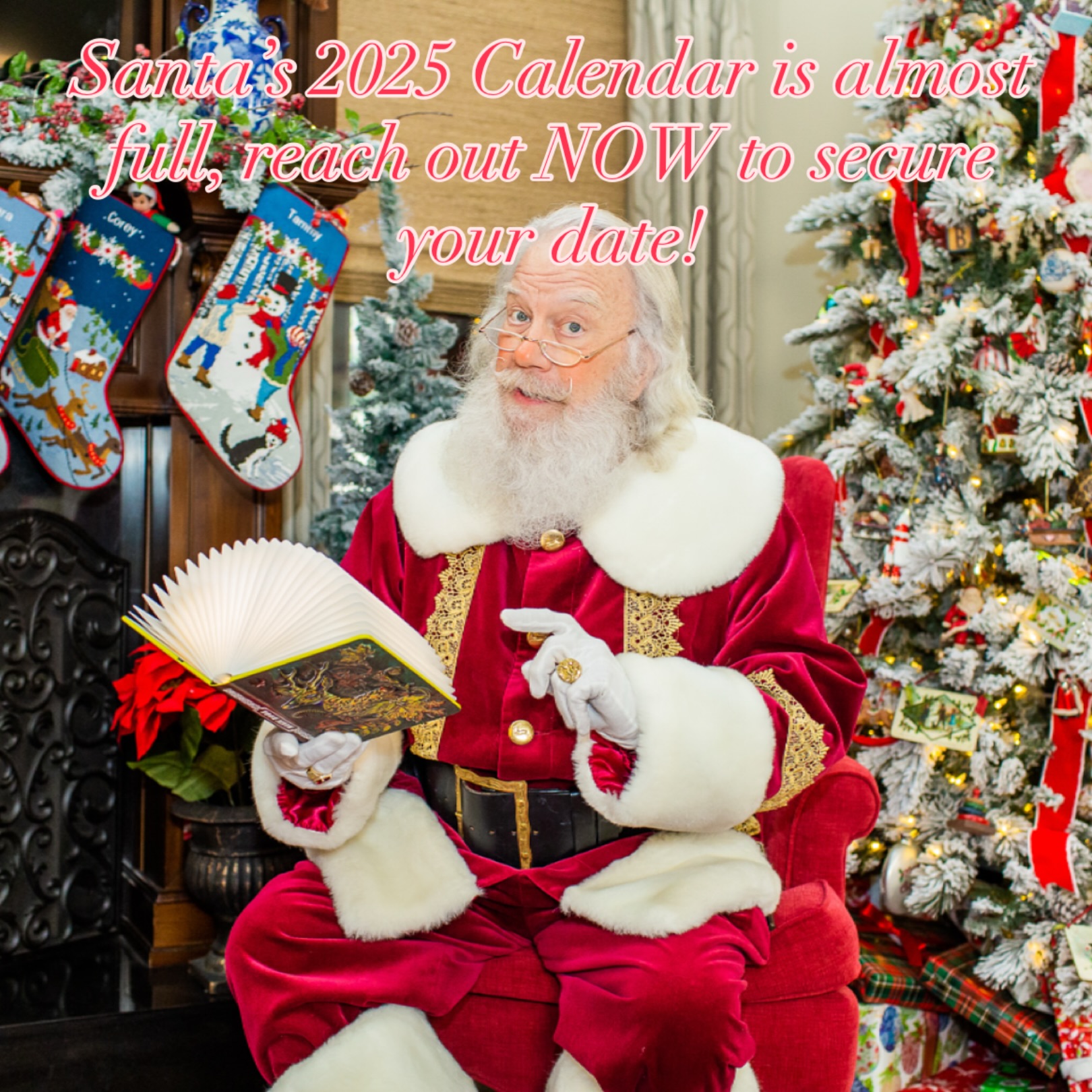 Time is slipping away to get on Santa’s calendar for the 2025 season. Reach out today: Santa@JollySantaBlueEyes.com