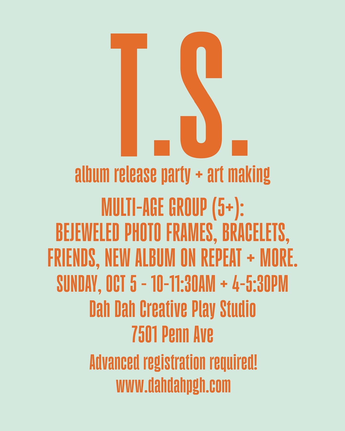 Swifties: it’s the week you’ve been waiting for. We have a couple spots left in our album release + art making parties. Saturday @periwinklefoxkids and Sunday at the studio 🧡✨