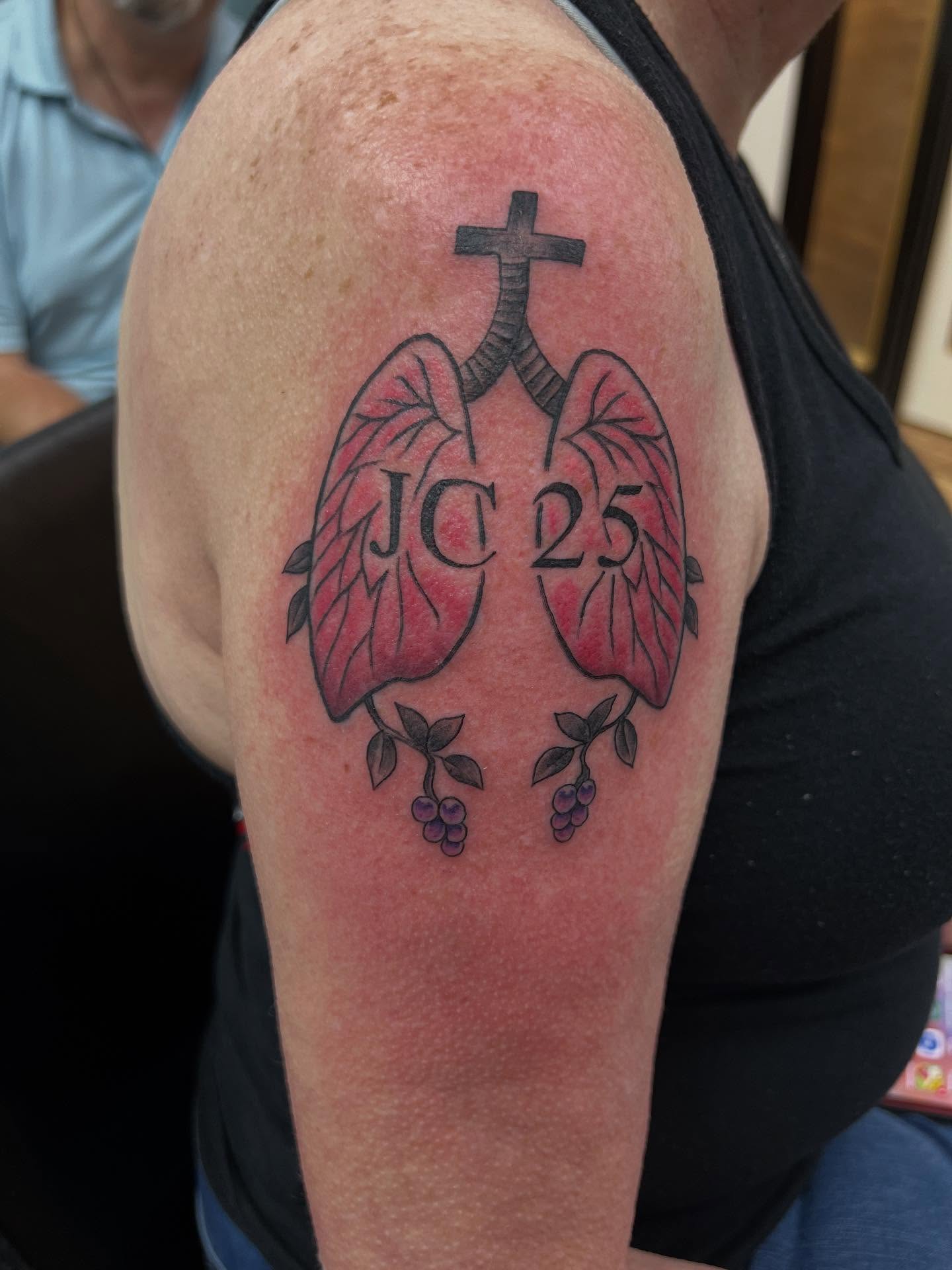 Tattoo from this morning to commemorate her husbands Lung transplant that was a success.. thank God