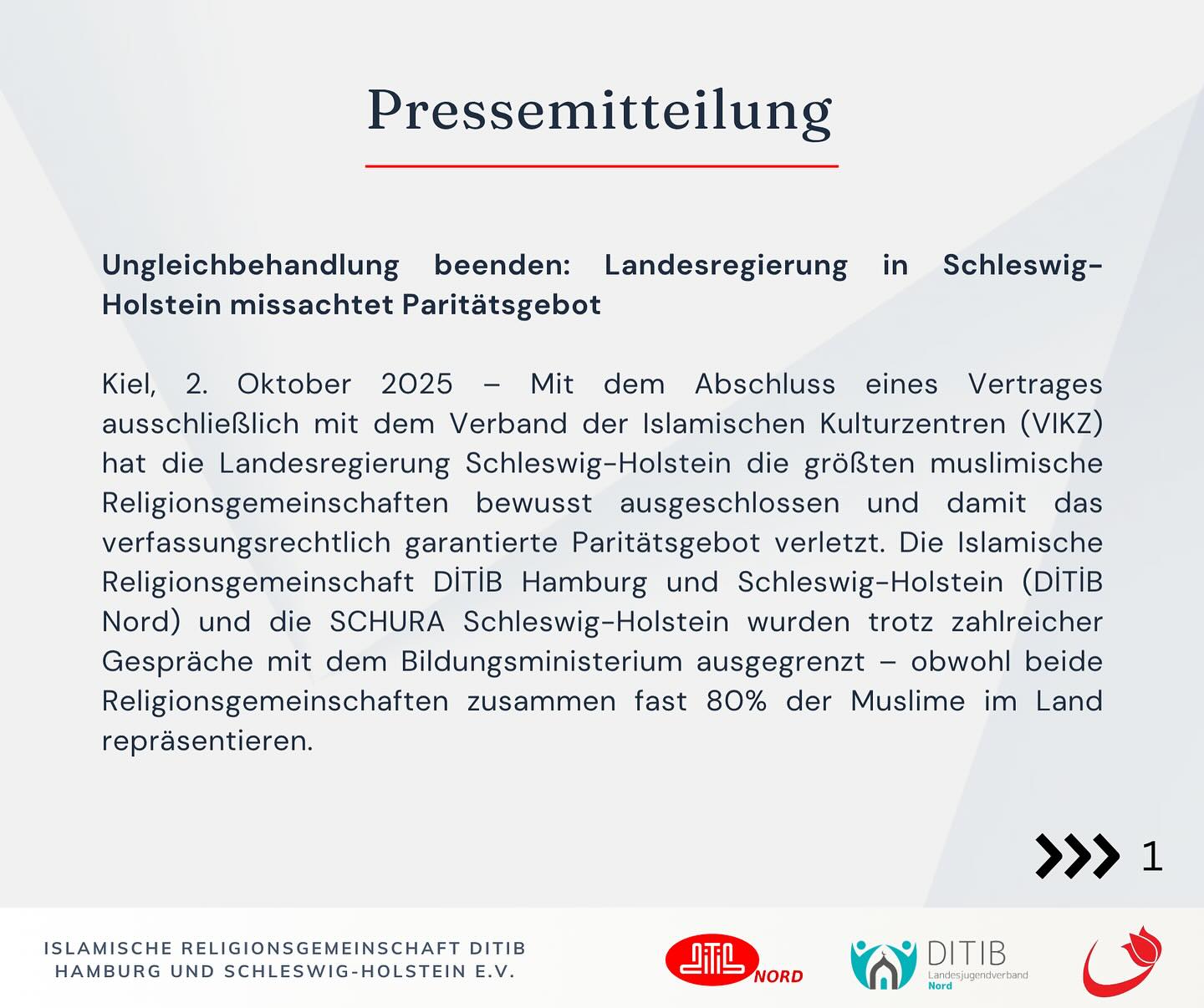 Wir fordern: Vertragsgespräche mit der DİTİB Hamburg und Schleswig-Holstein sowie mit der @schura_sh - für echte Gleichbehandlung und eine realitätsnahe Repräsentation der Muslime in Schleswig-Holstein!