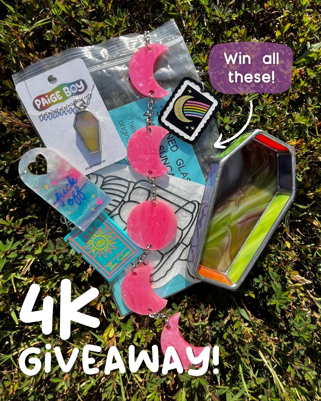 IT’S TIMEEEE! Time for another giveaway!! 🧡💜💚 So excited to have reached this last milestone of followers, and as a thank you to all of you here we are doing this giveaway! Scroll through the slides to see how to enter - we would LOVE it if you could tag someone you think would genuinely be into seeing our work so we can continue to grow our audience. 🙏🏻The winner will receive everything you see here - the glass coffin box and necklace, a suncatcher, and several acrylic pieces. ⚰️ GIVEAWAY ENDS this coming Wednesday, 10/8 at midnight EST! Unfortunately this is open to my US friends only and we all know who we can thank for that. Any questions just holler!!