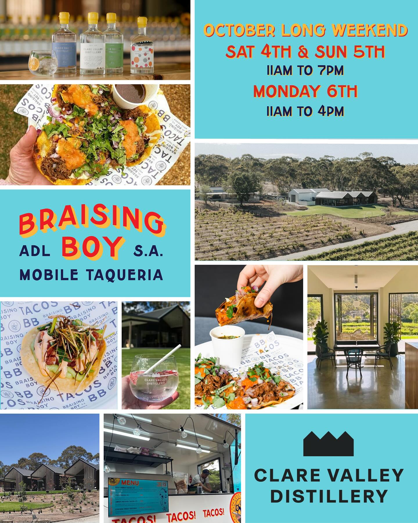 Back in the Valley @clare.valley.distillery Saturday, Sunday and Monday of the long weekend. Come check out this joint - it’s spectacular! BB food from 11 am everyday.
#clarevalley #clarevalleysa #octoberlongweekend #distillery #foodtruck #tacos #mexicanfood