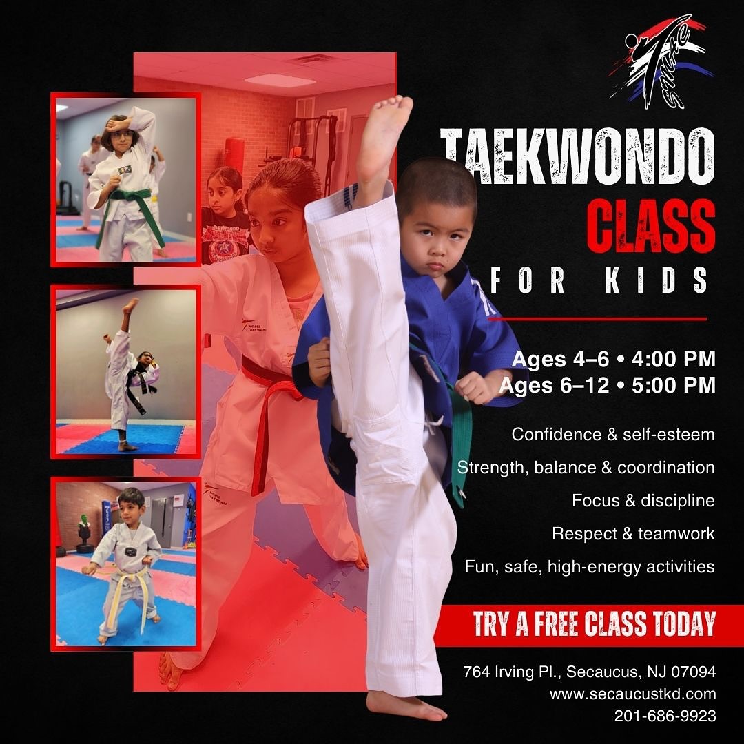 🥋 Taekwondo isn’t just about kicks and punches, it’s about building life skills!
Our kids’ classes help students grow in confidence, focus, respect, and discipline while having fun in a safe, supportive environment.
#taekwondo #martialarts #kidstaekwondo #secaucus #fitness
✨ Ages 4–6: 4:00 PM
✨ Ages 6–12: 5:00 PM
✅ Confidence & self-esteem
✅ Strength, balance & coordination
✅ Respect & teamwork
📍 Secaucus Martial Arts Center
💥 Try a FREE class today!