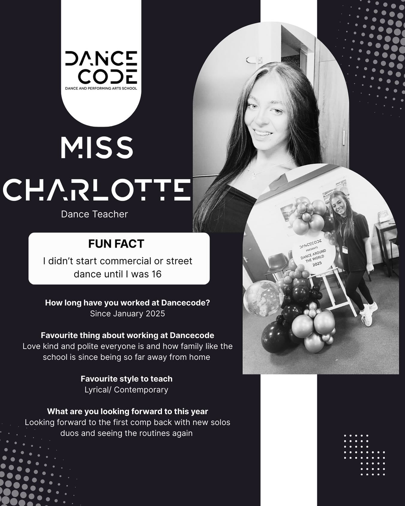 🌟 MEET MISS CHARLOTTE 🌟
Joining our team in January 2025, Miss Charlotte has quickly become a fantastic part of our Dancecode family 💃✨. With her passion for teaching and love of performing, she brings energy, creativity and fun to every class 🎶🎭.
We’re so happy to have her inspiring our dancers and helping them shine with confidence! 💛